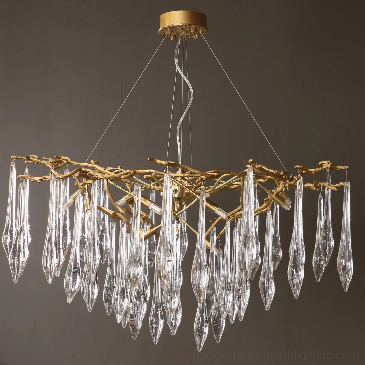 Contemporary branch chandelier showing organic geometry and light refraction through glass