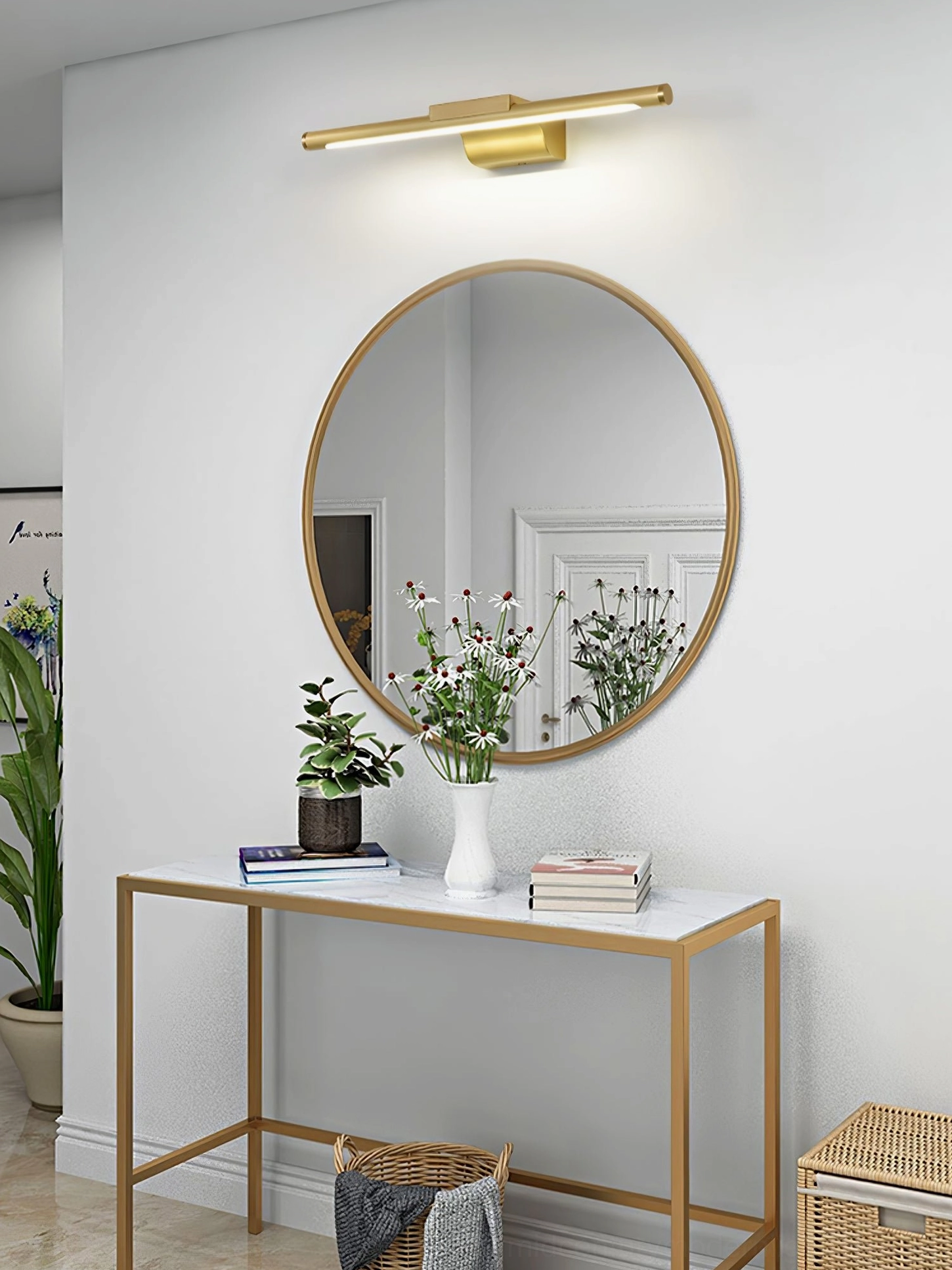 Contemporary wall mounted vanity lamp with polished brass and acrylic elements