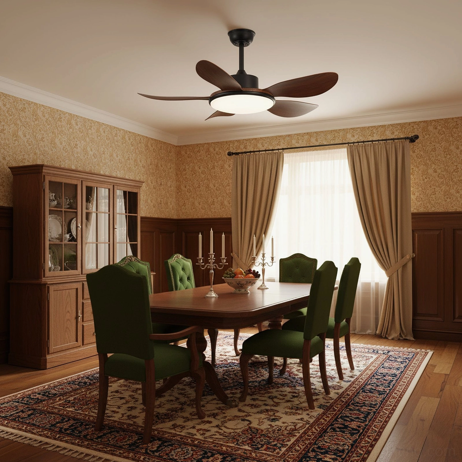 Organic modern ceiling fan with LED in warm-toned formal dining room - coordinates with upholstered dining chairs