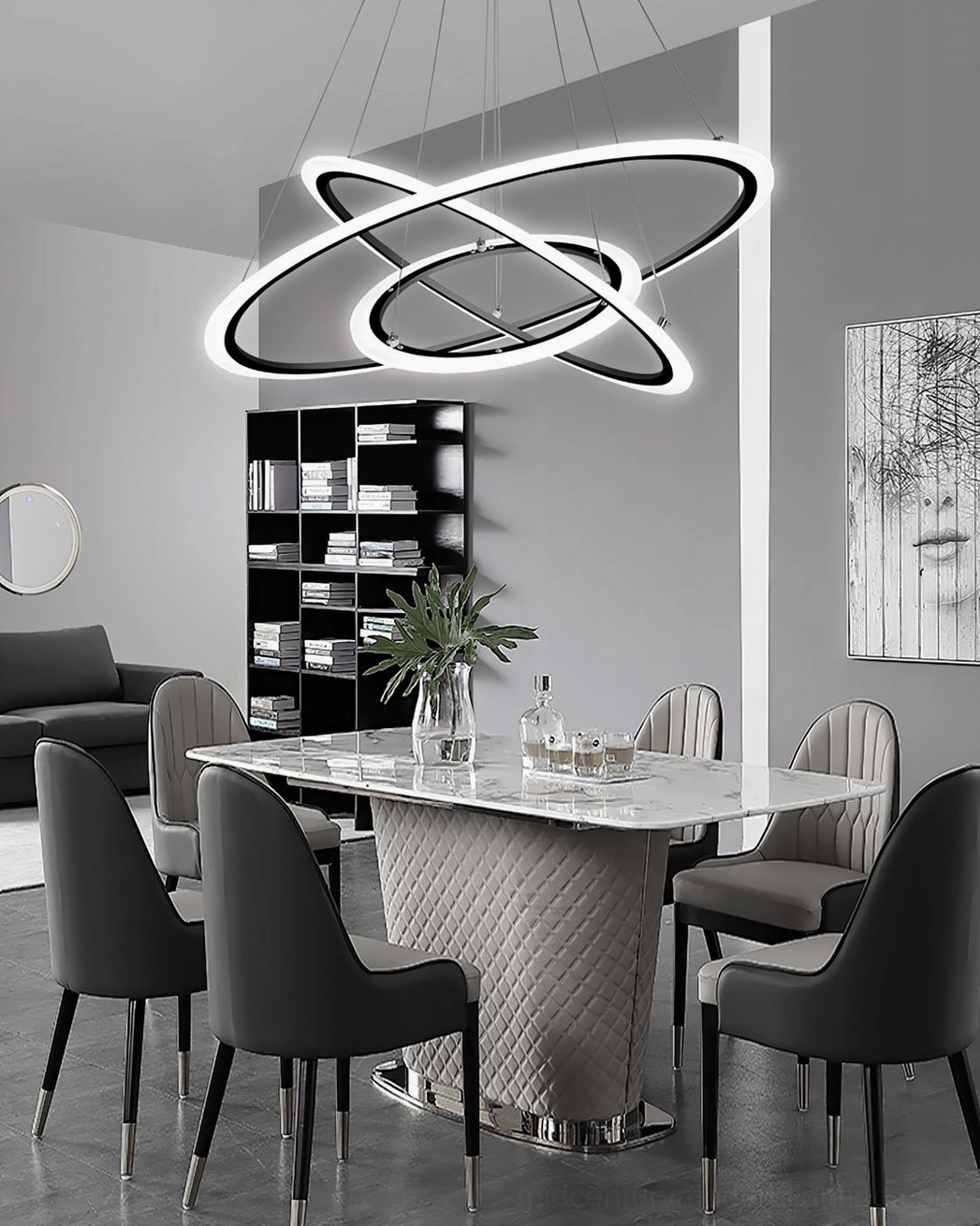 Wide-angle view of geometric ring chandelier illuminating large upscale dining space with contemporary upholstered chairs