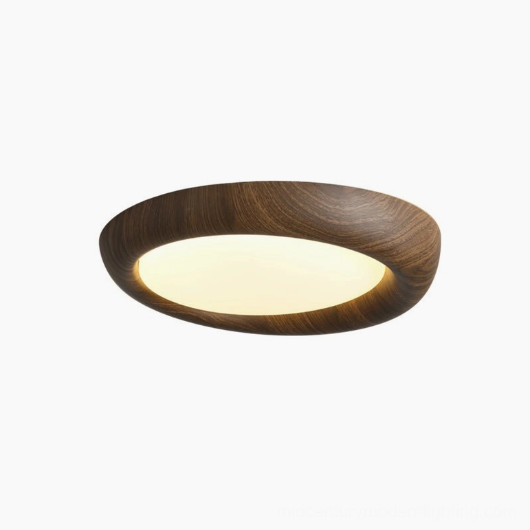 Contemporary flush ceiling light with natural wood aesthetics and soft diffused illumination