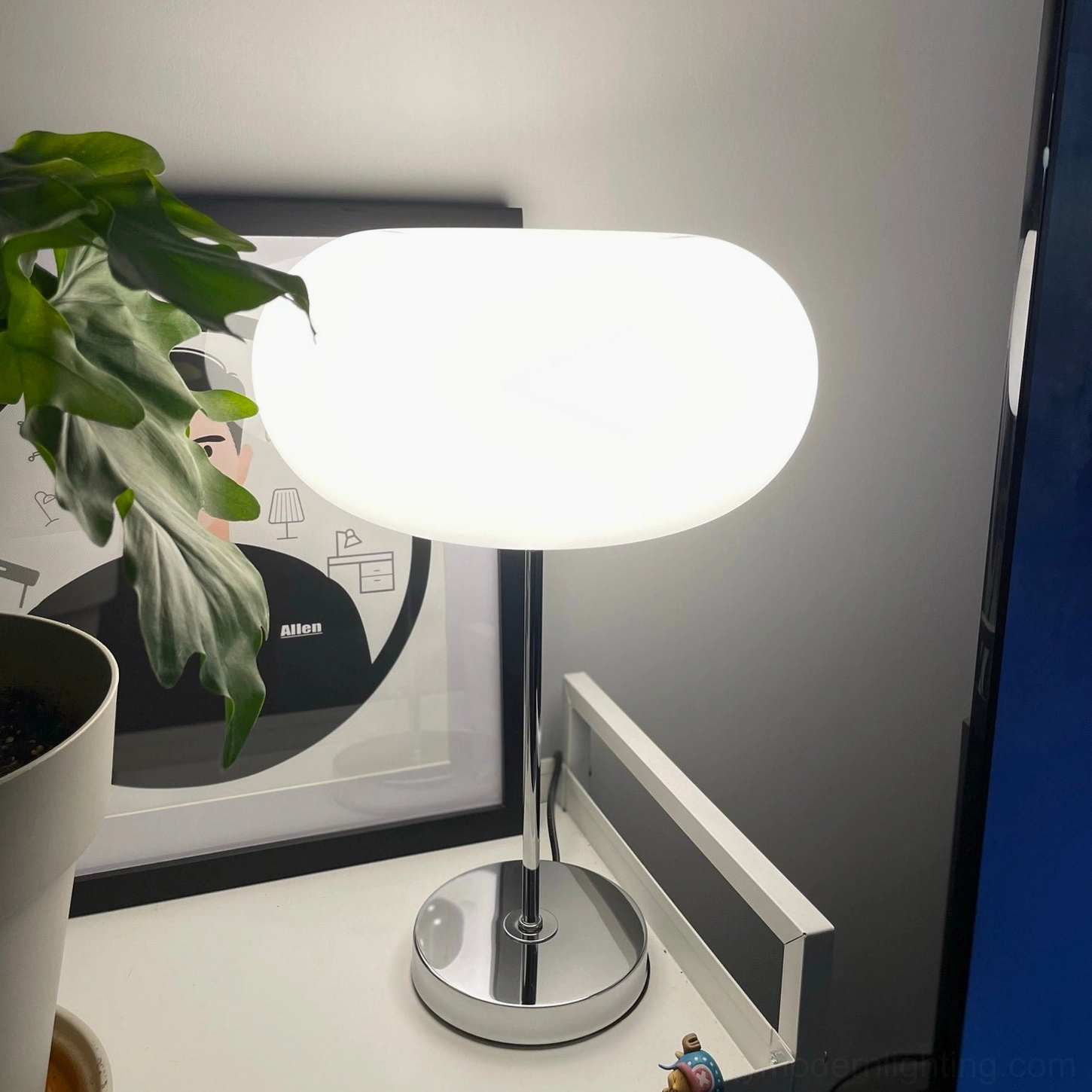Contemporary frosted glass table lamp with cable and plug, home office productivity lighting