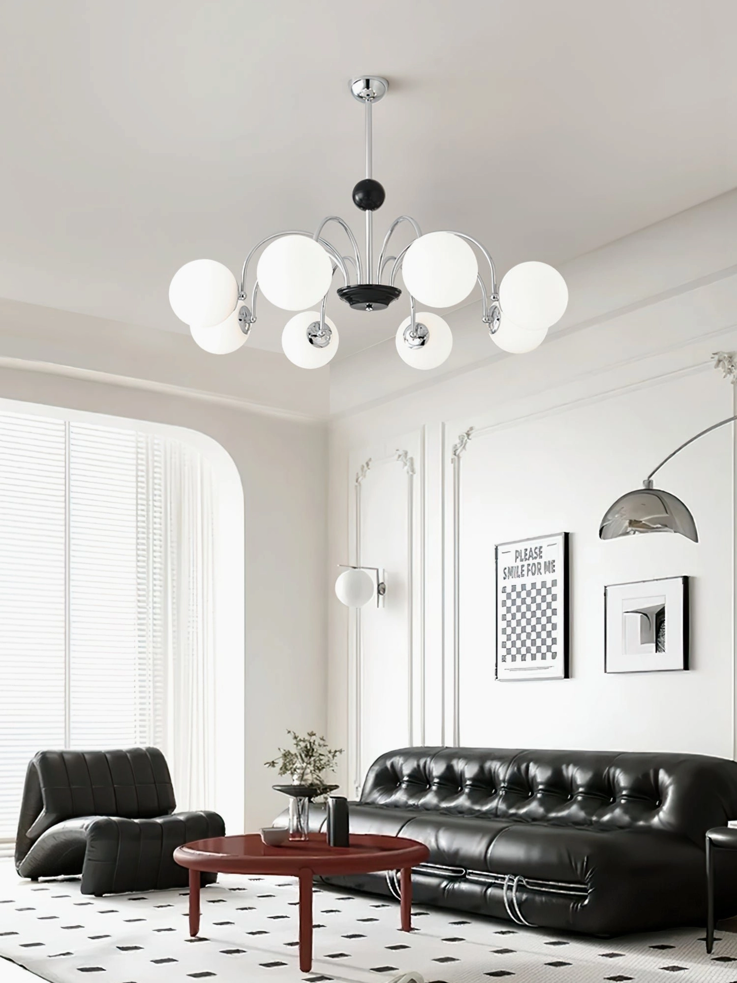 Multi-head globe chandelier in modern black and white living room interior design setting