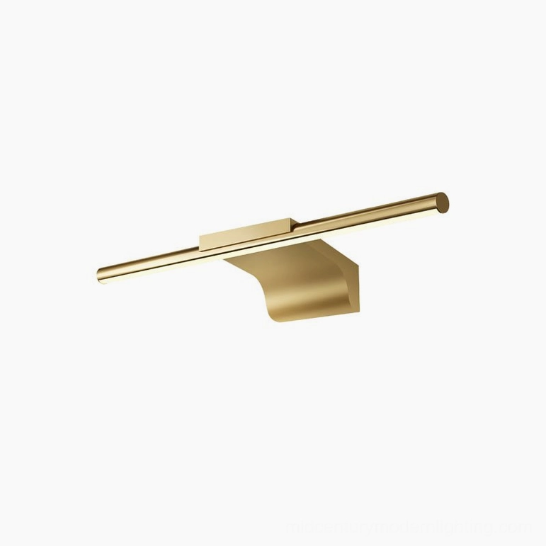 Contemporary home lighting with streamlined brass wall lamp above mirror
