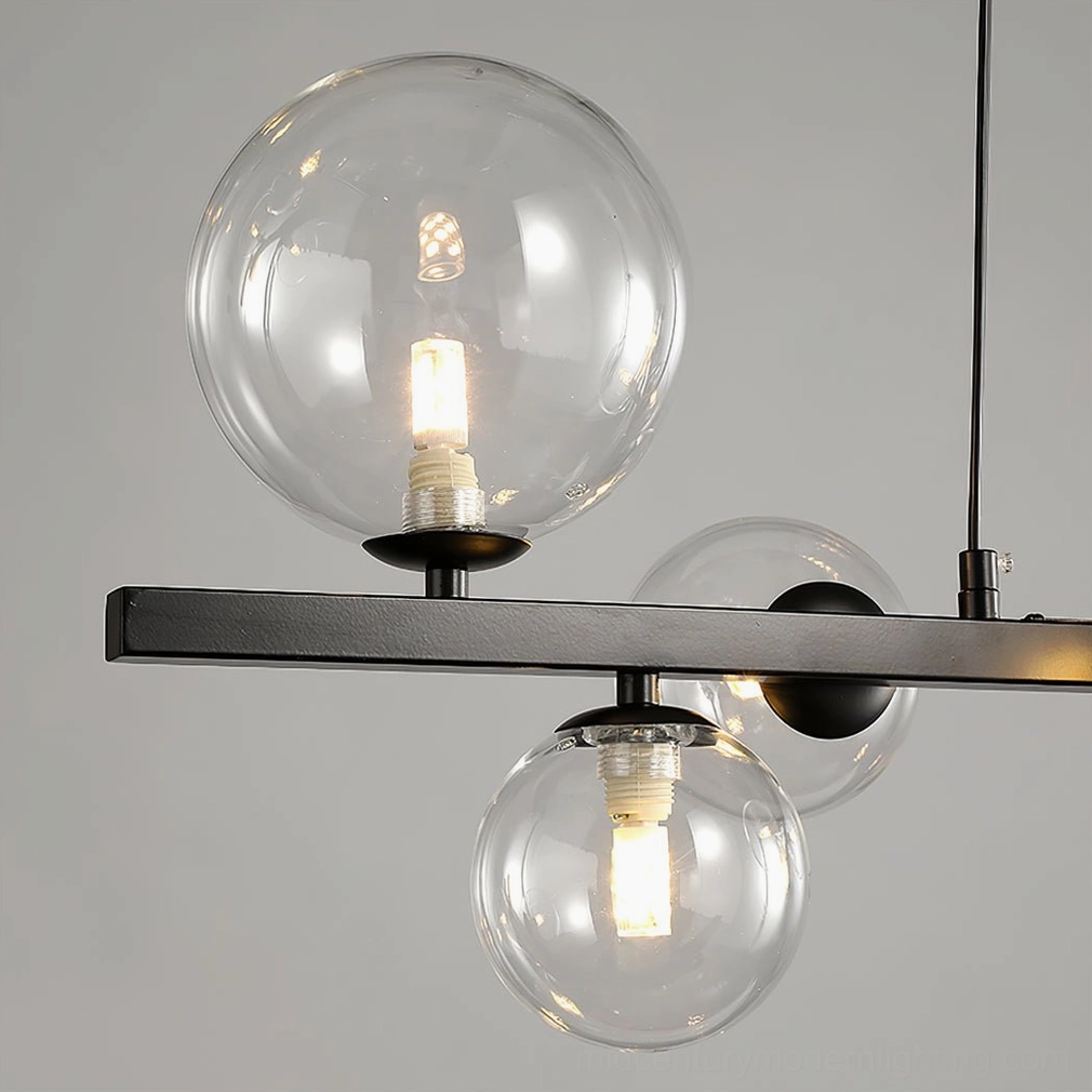 Contemporary pendant light fixture featuring glass bubbles with integrated LED technology and black metal rod frame