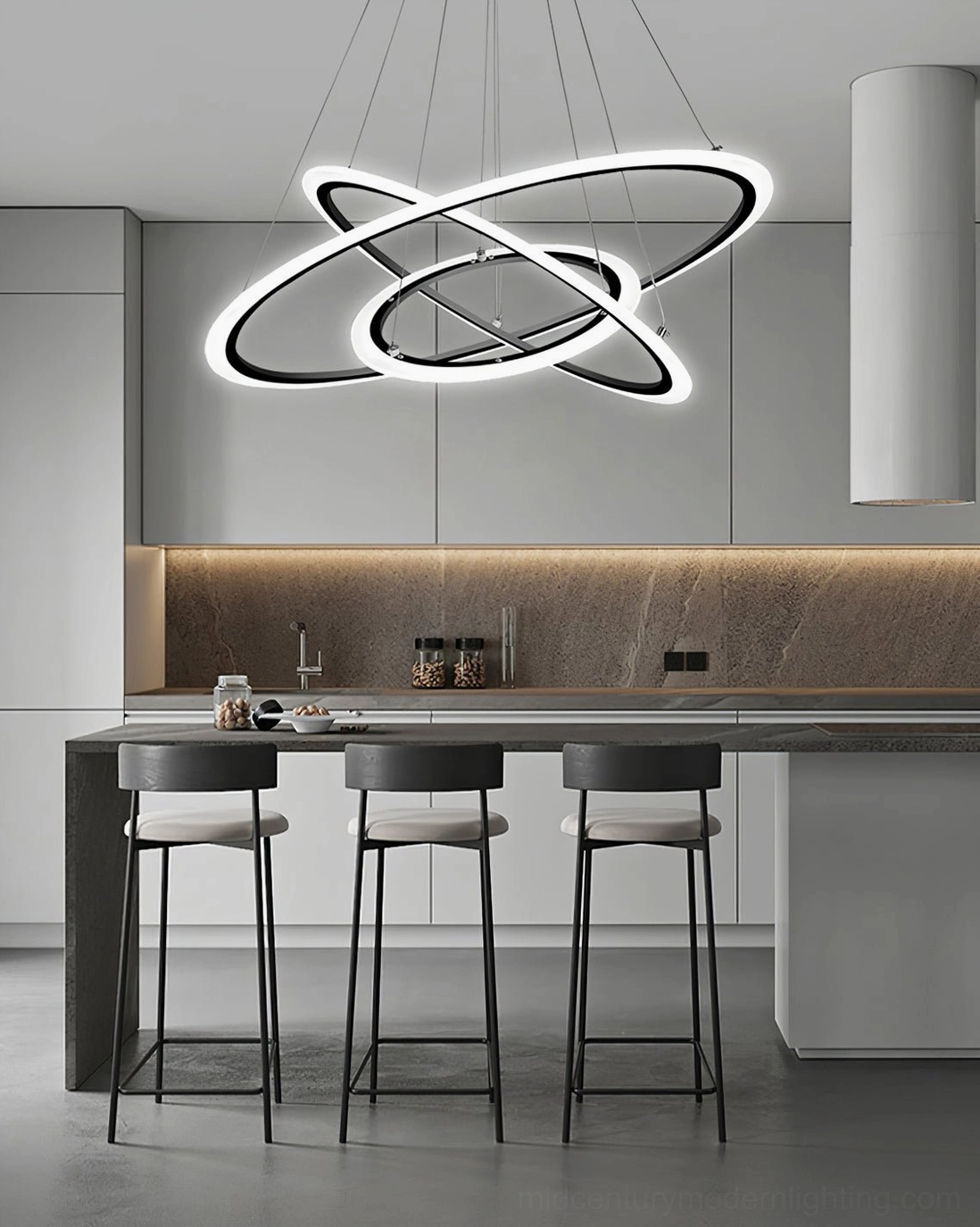 Geometric ring LED chandelier lighting modern kitchen bar area with gray cabinetry and sleek integrated lighting