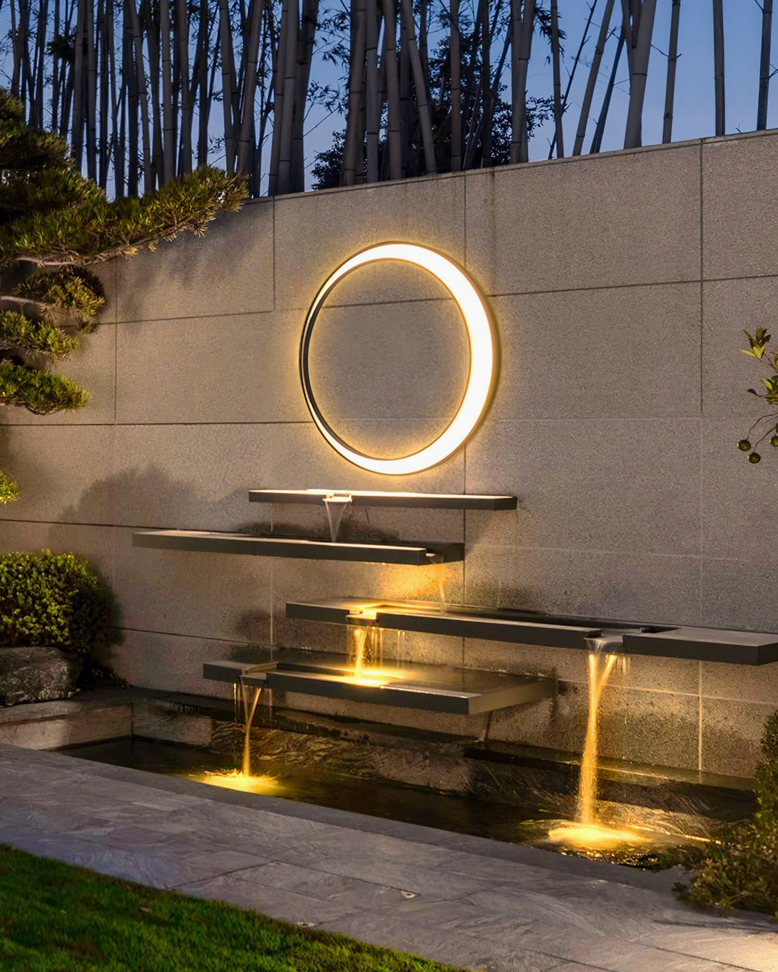 Contemporary ring wall lamp mounted on stone facade tiered waterfall courtyard showing modern architectural integration