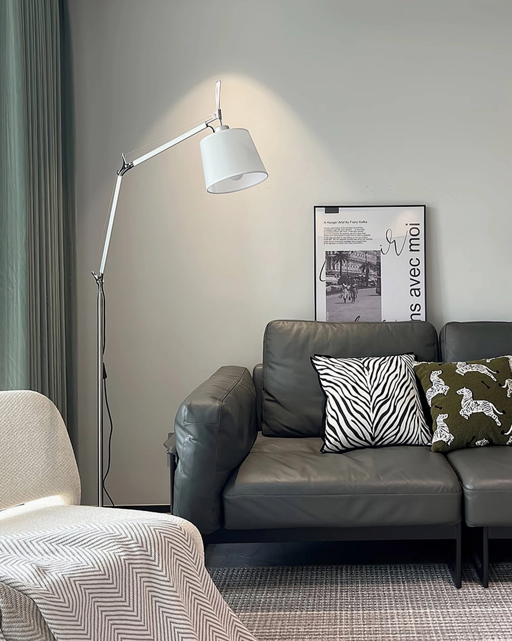 Contemporary swing arm floor lamp with adjustable metal arm reach, fog silver and white color scheme