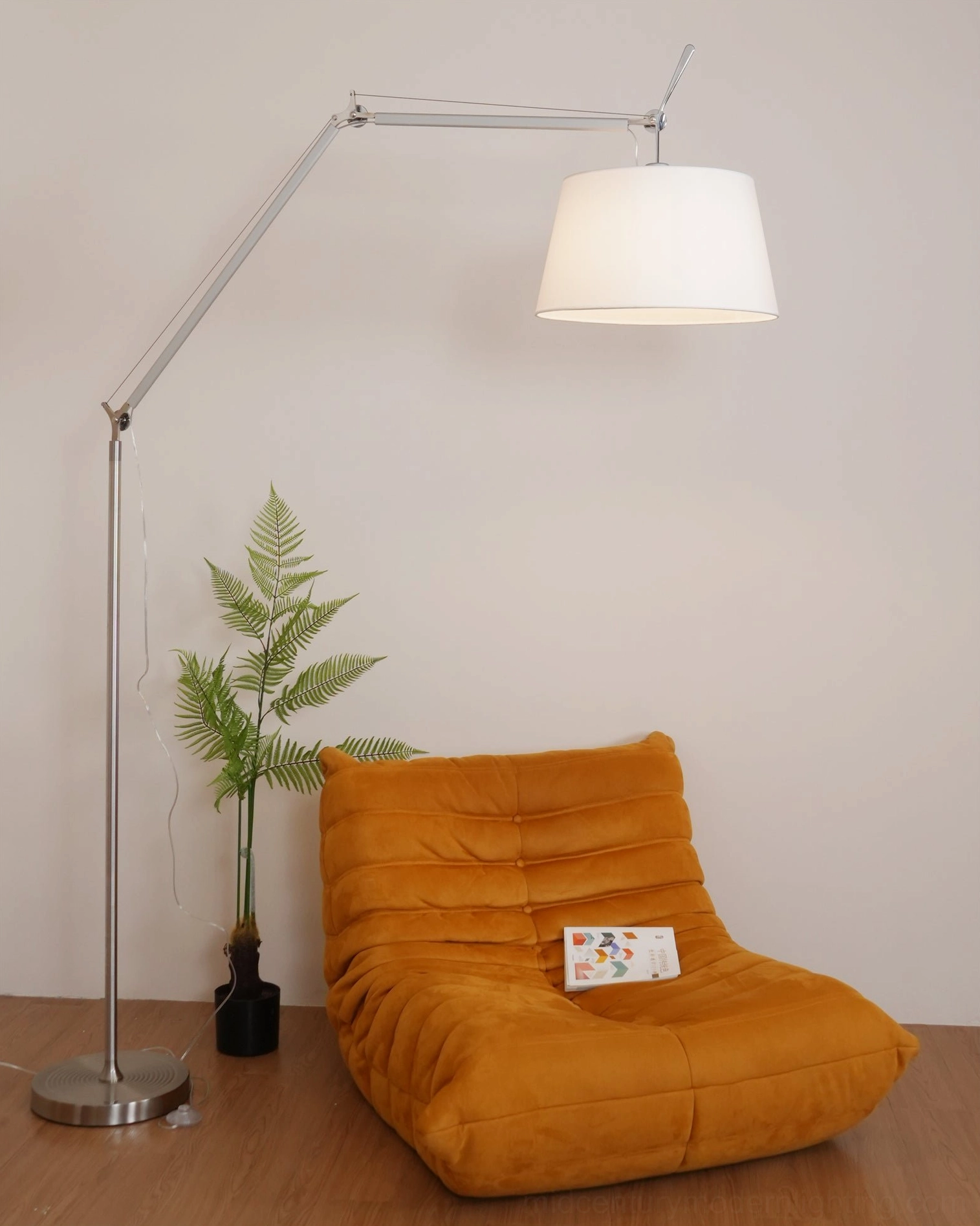 Contemporary swing arm floor lamp styling showcase, fog silver metal construction with fabric drum lampshade