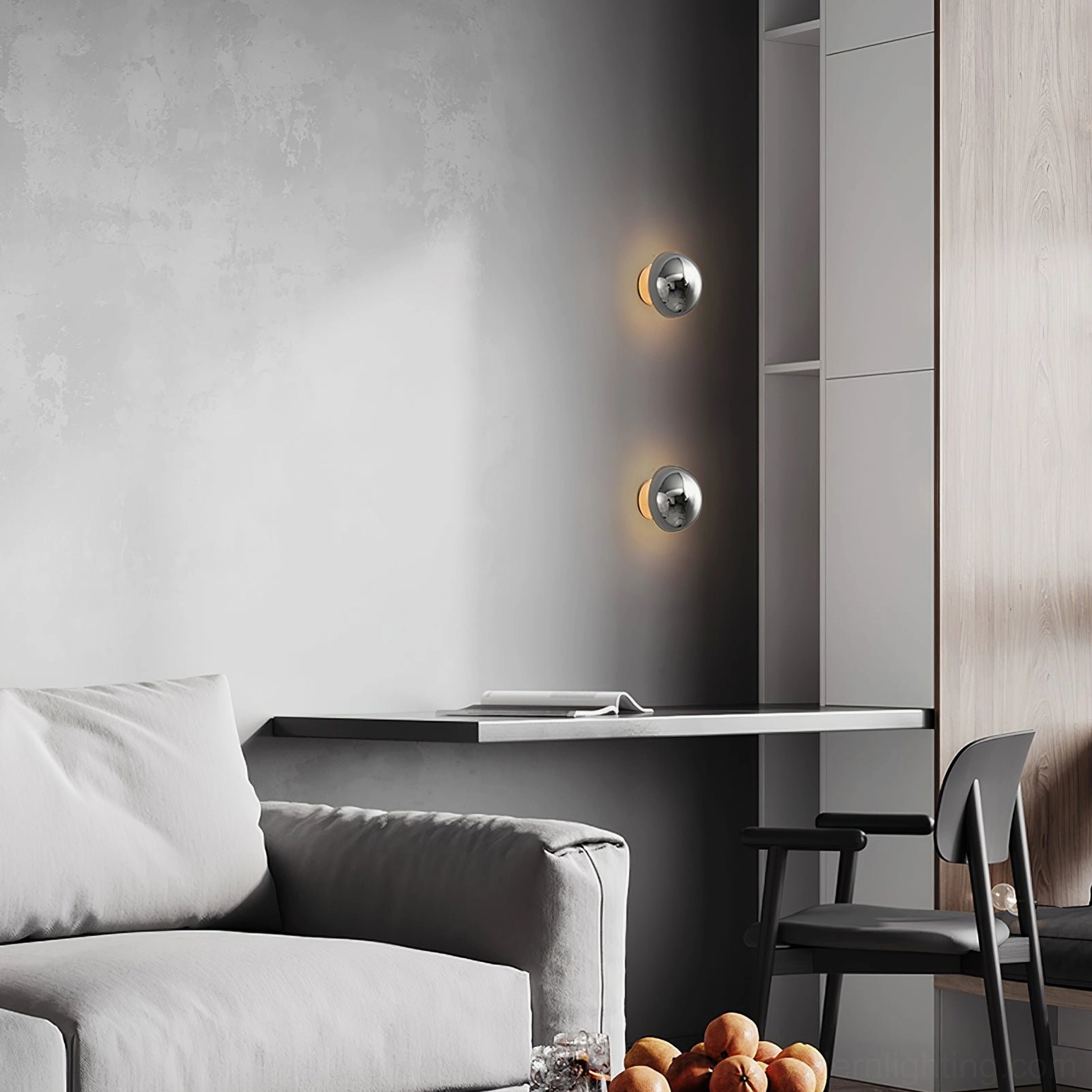 Cool white LED sphere wall lamp demonstrating minimalist architectural lighting design