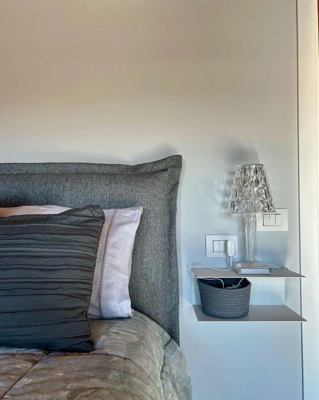 Compact cordless lamp on bedroom wall shelf, faceted crystal bedside accent lighting