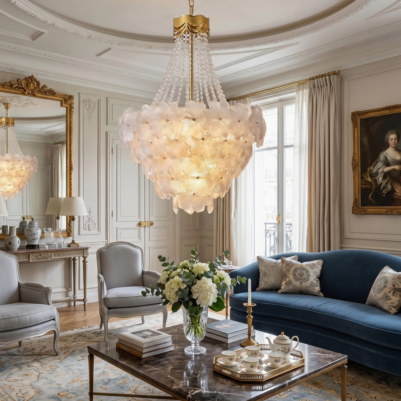 Side angle of elegant crystal chandelier in luxury living room with blue velvet sofa and ornate ceiling moldings