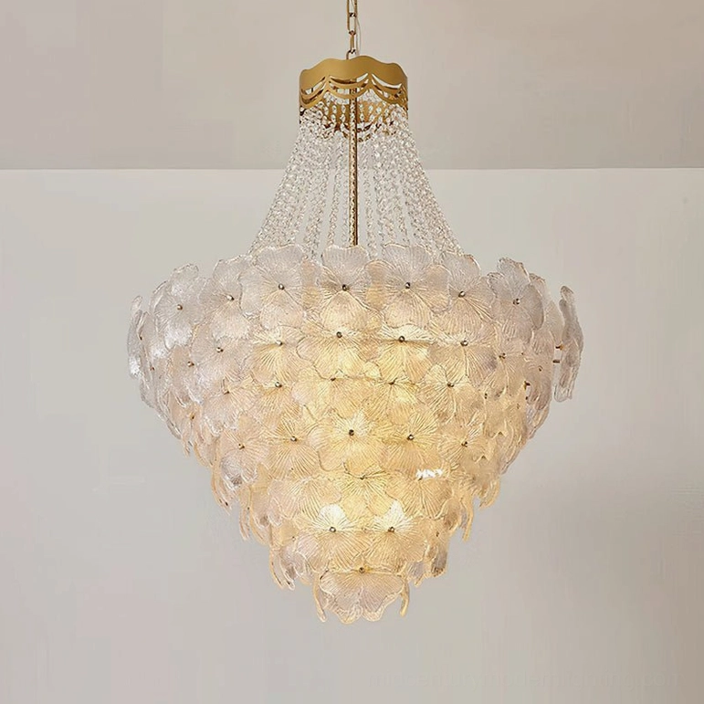 Elegant Corinthian design crystal chandelier with clear frosted glass elements and warm gold-plated finish