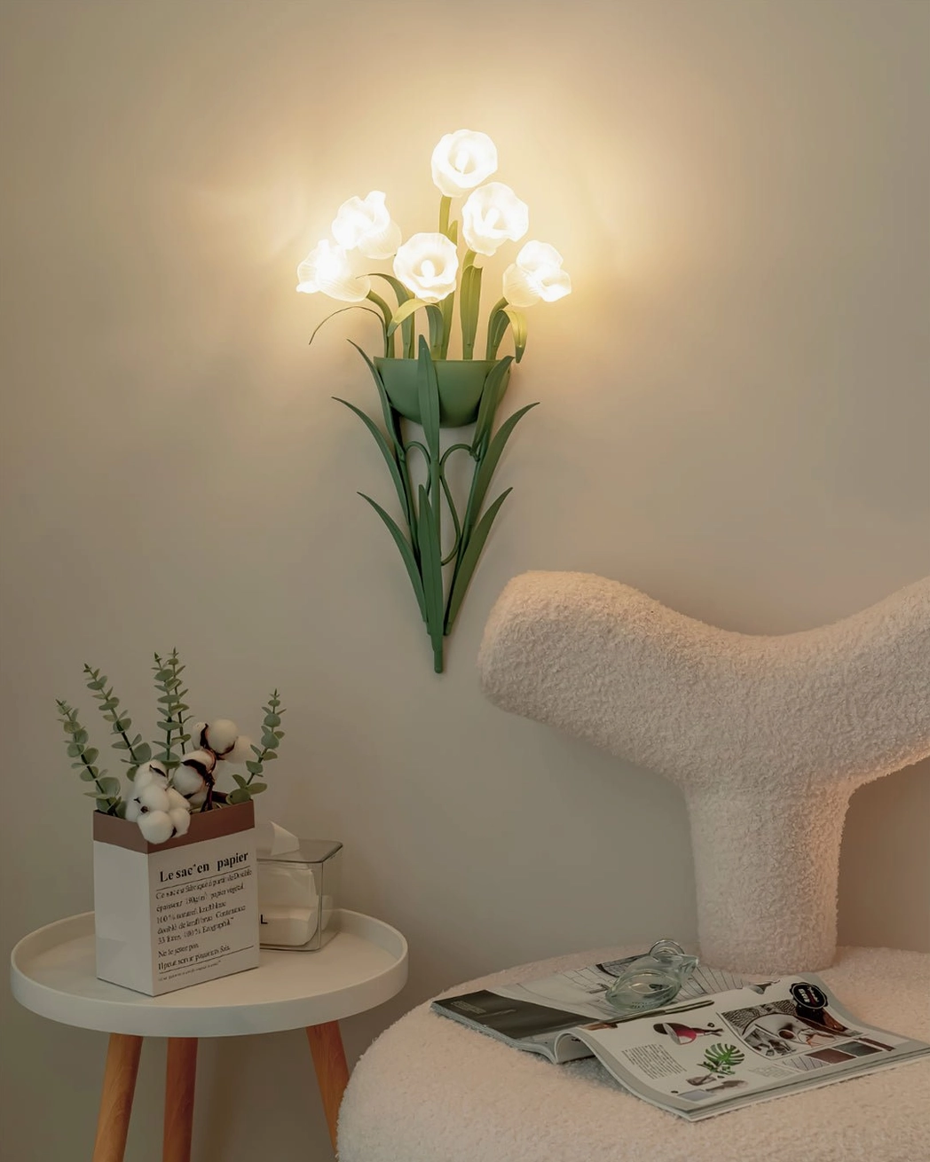 Glowing botanical wall sconce in cozy Nordic corner, interior design ambiance