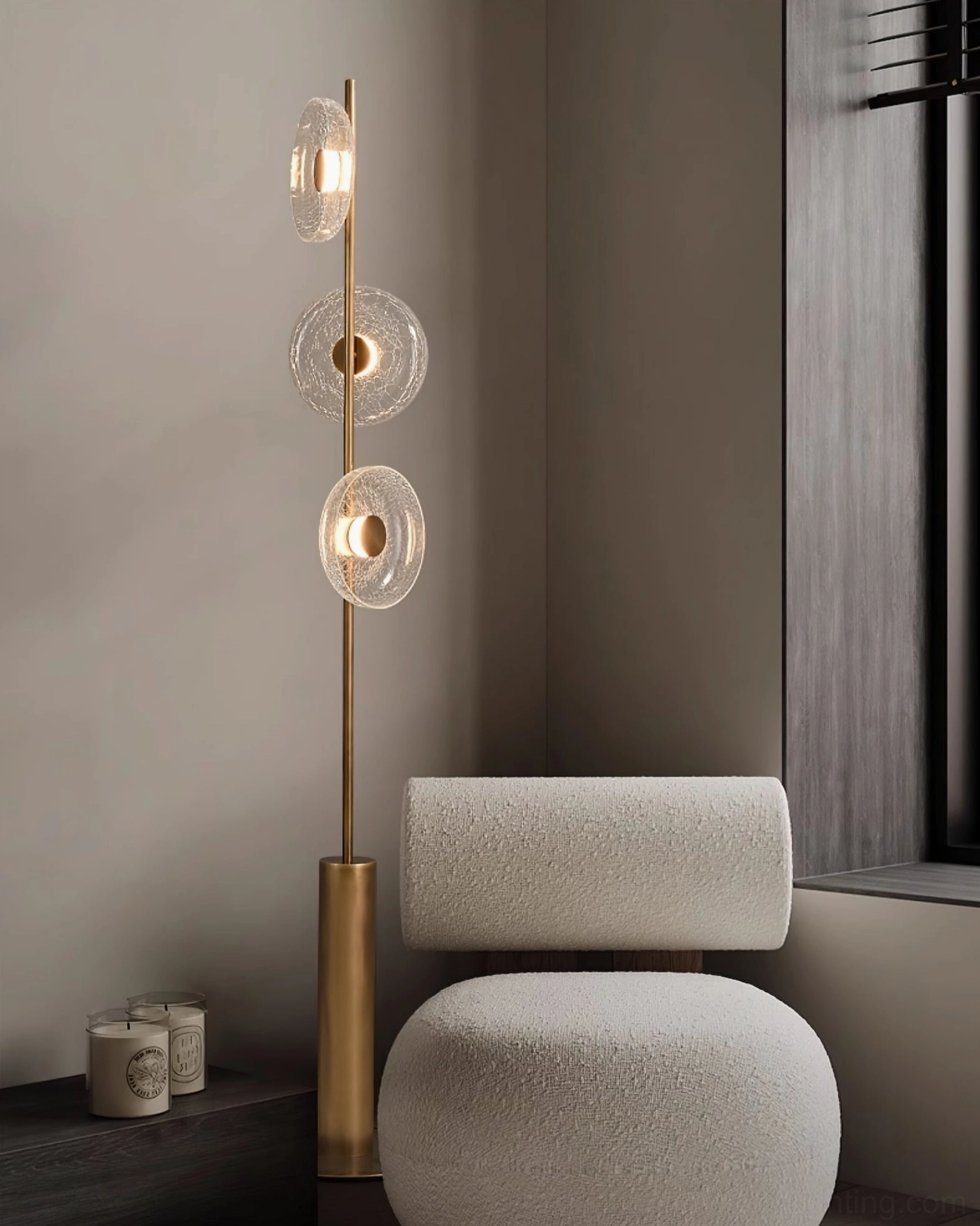 Crackle glass floor lamp styled in modern living room corner with boucle accent chair and side table