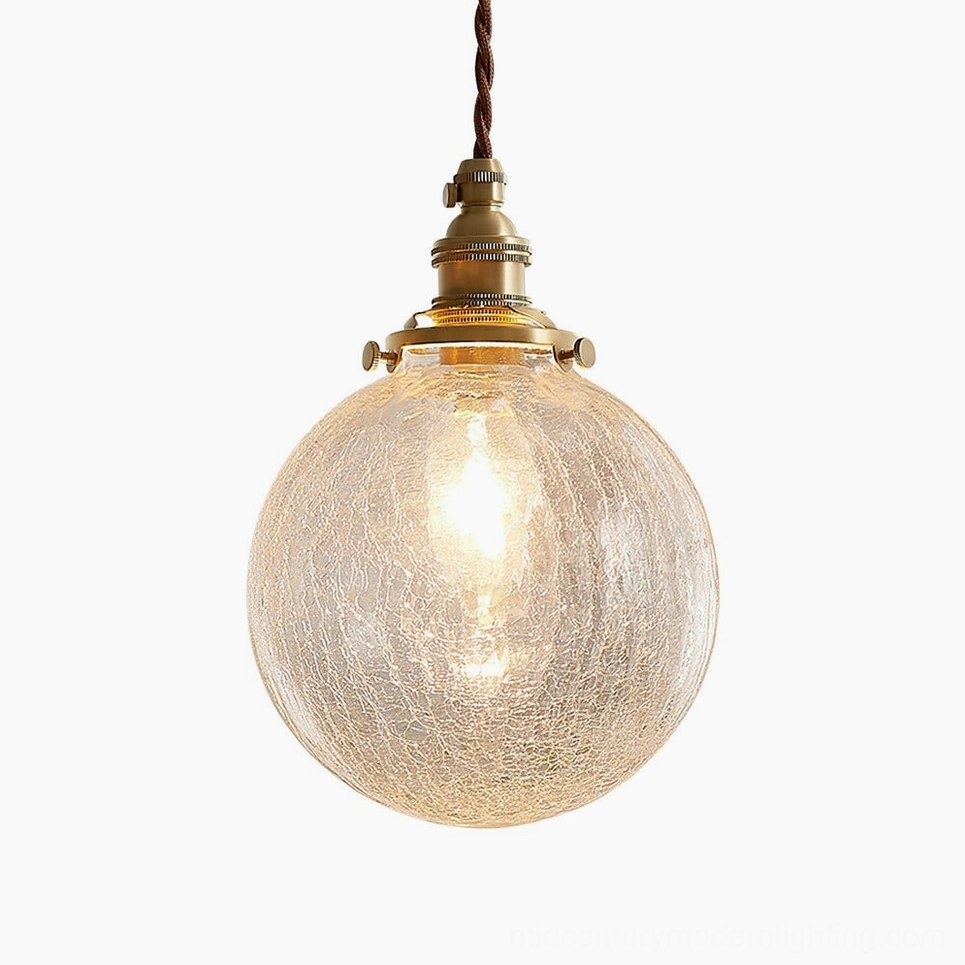 Handcrafted crackle glass globe pendant light with brass fitting, 5.9 inch diameter, clear textured glass variant