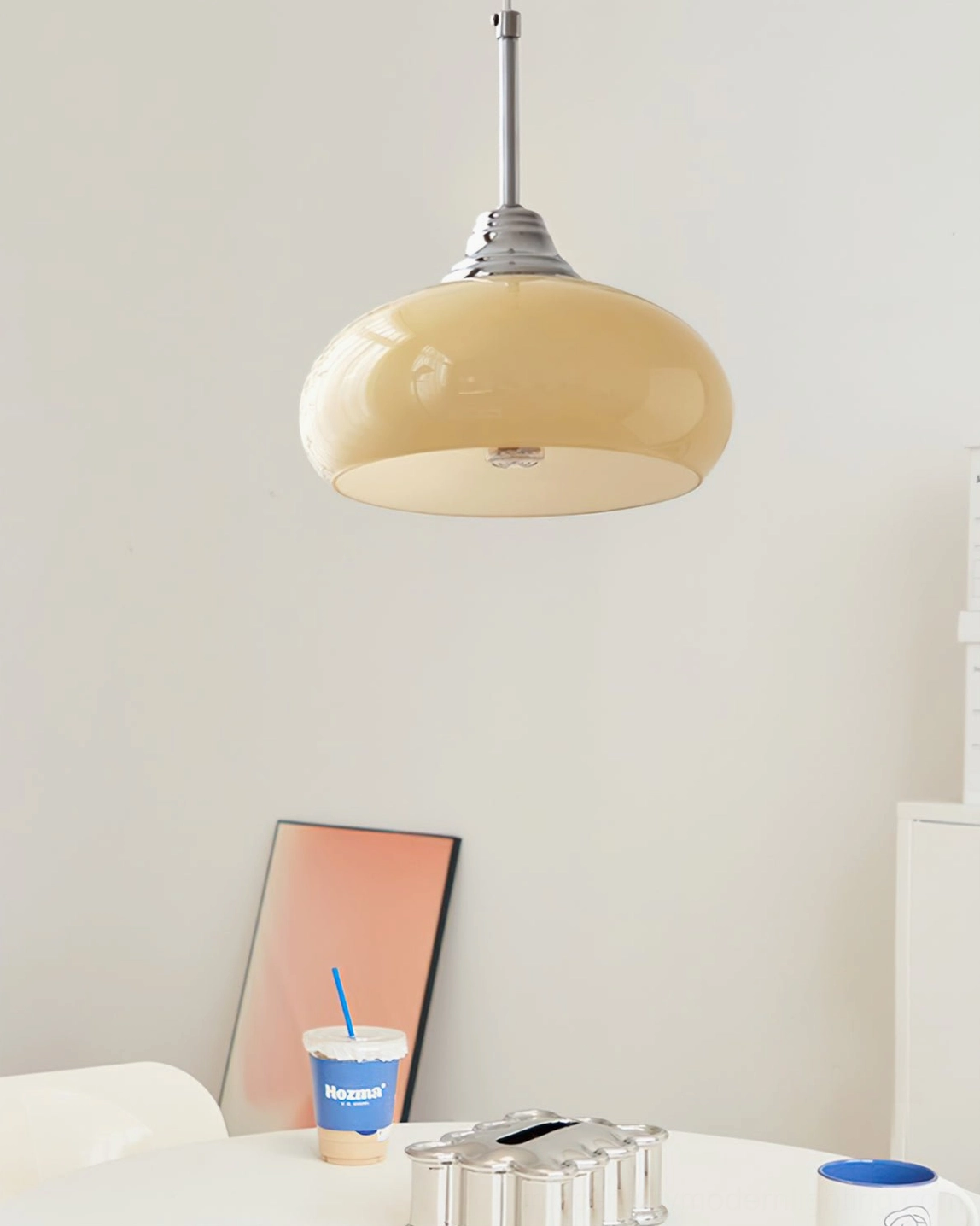 Cream Bell Pendant Light - detailed side view showing frosted glass dome and chrome mounting hardware