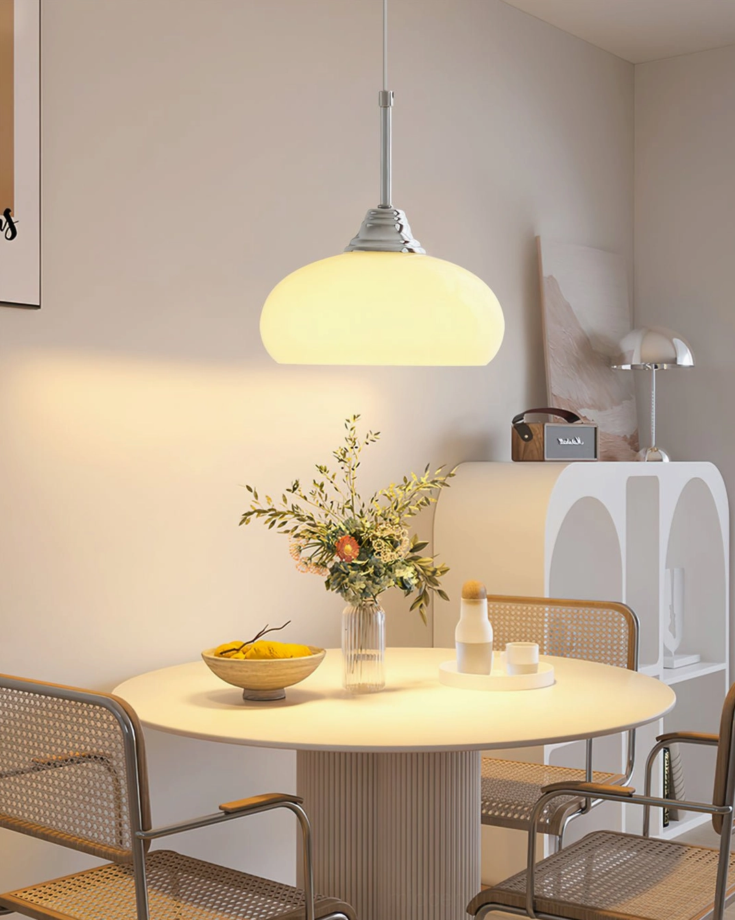 Cream Bell Pendant Light architectural overhead view showcasing mid-century modern silhouette