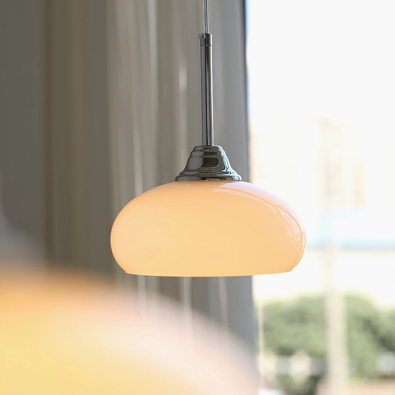 Cream Bell Pendant Light in Scandinavian interior with minimalist furniture and neutral palette
