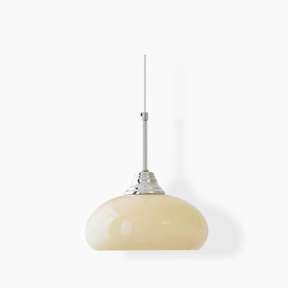 Cream Bell Pendant Light - mid-century modern frosted glass dome with chrome hardware on white studio background