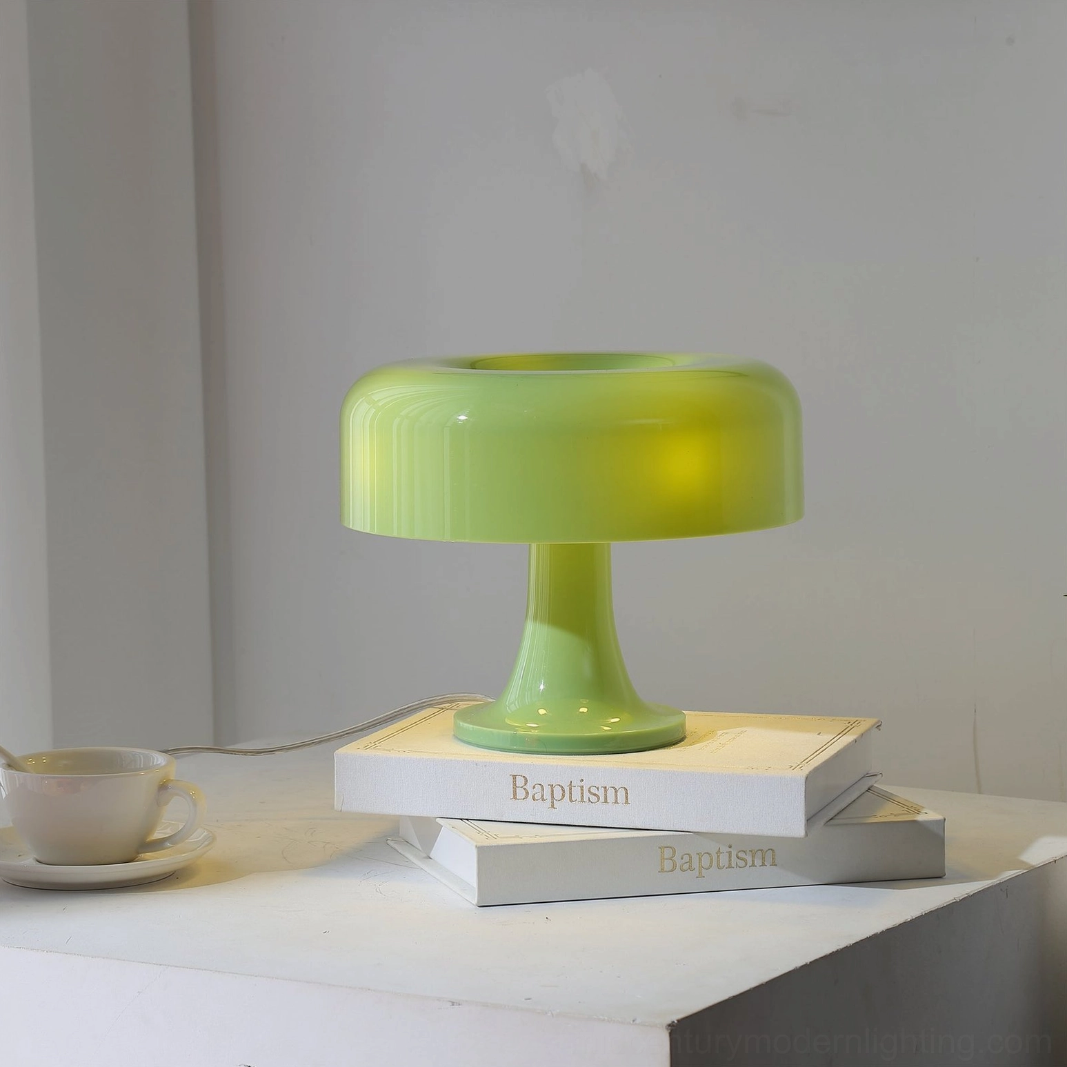 Cream colored mushroom table lamp tabletop display, soft neutral mid-century modern lighting accent