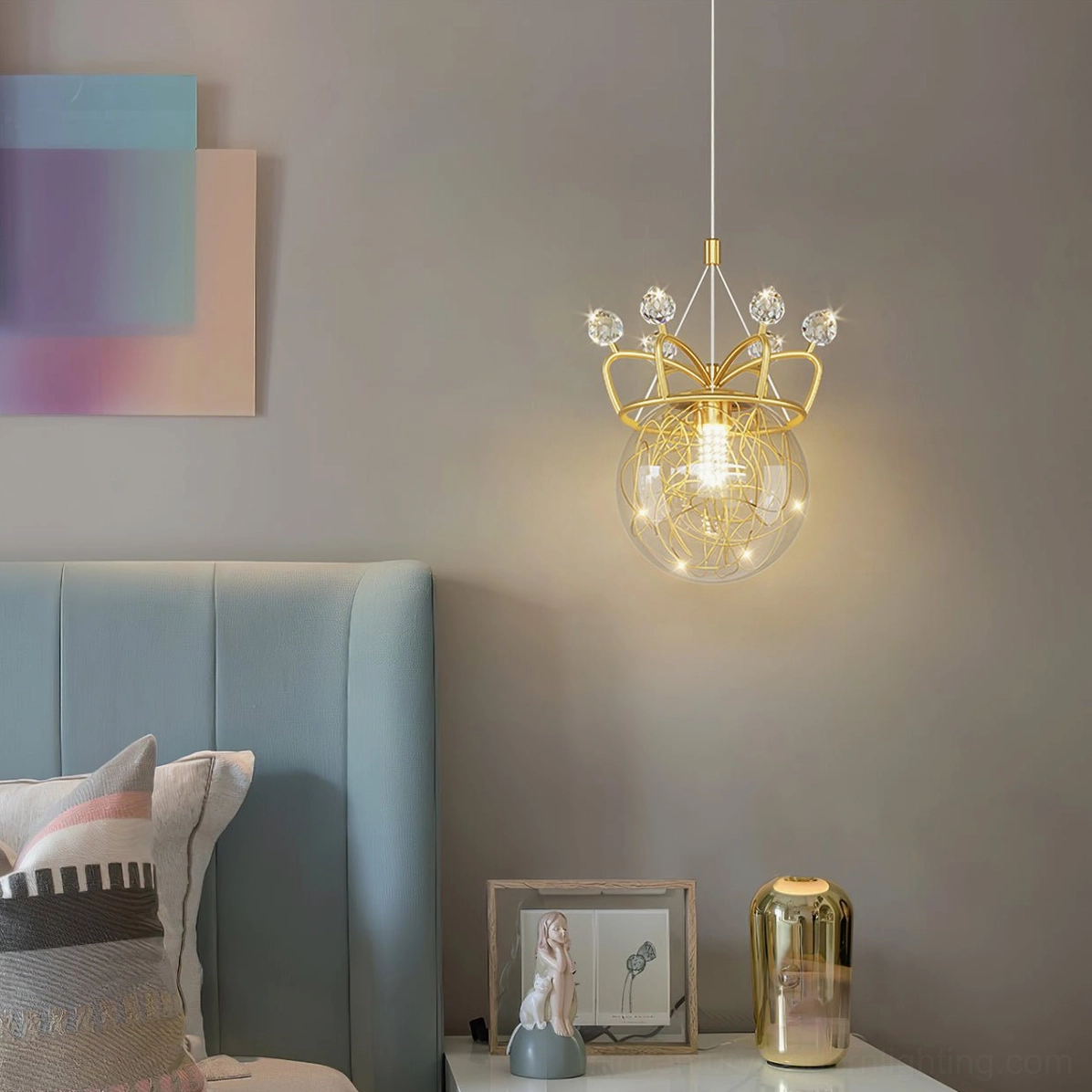 Gypsophila Crown pendant light hanging in modern bedroom with blue headboard, warm glow ambient lighting
