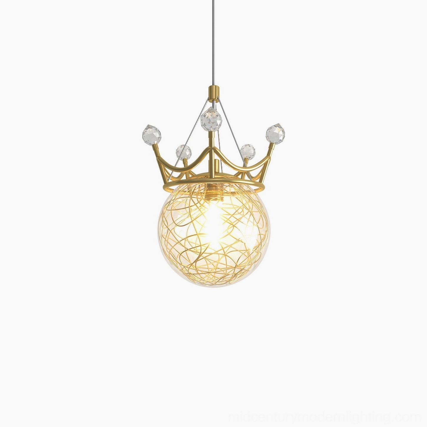 Gypsophila Crown pendant light with transparent glass bulbs and polished gold metal frame