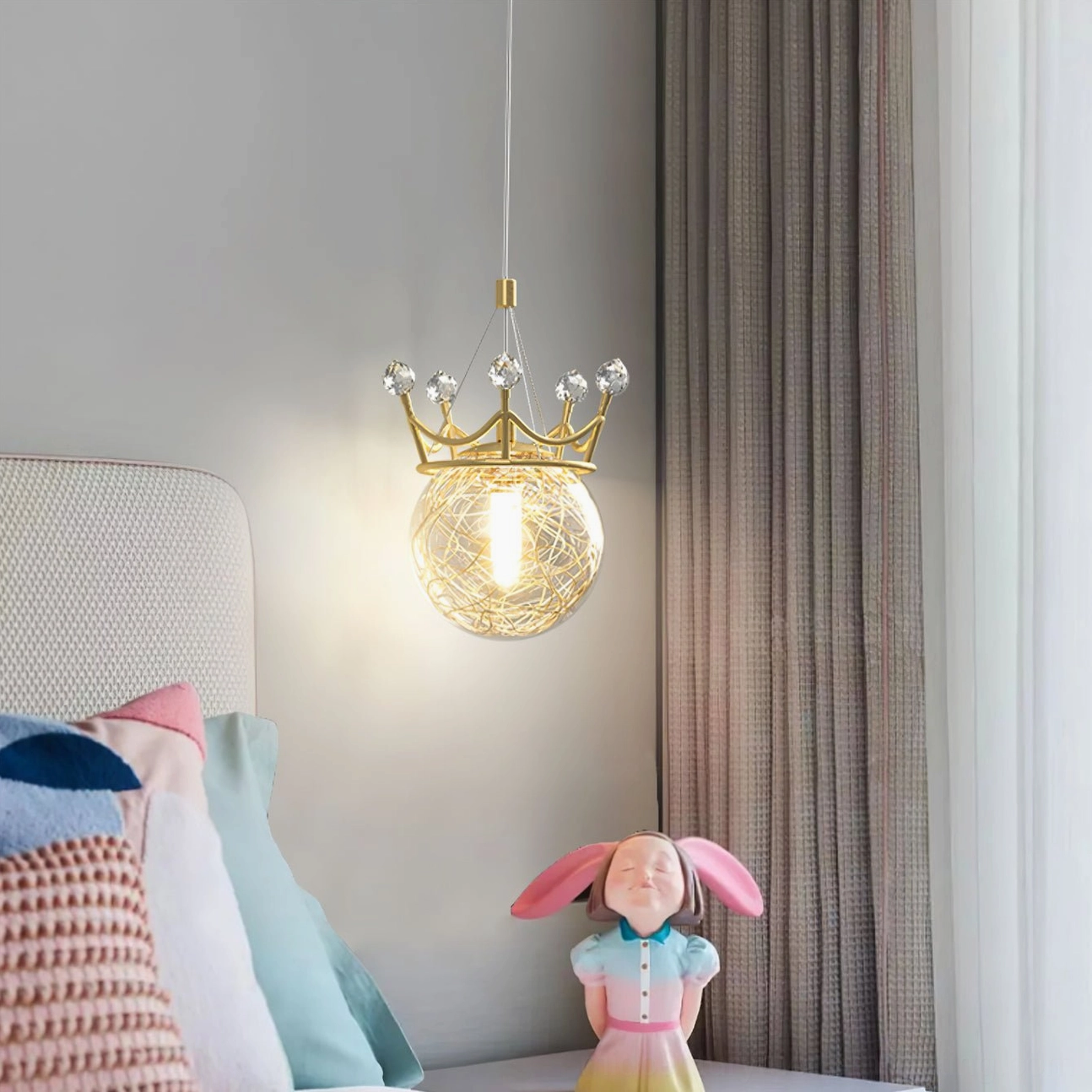 Gypsophila Crown pendant lamp in cozy bedroom with light fabric headboard, cute animal ornament
