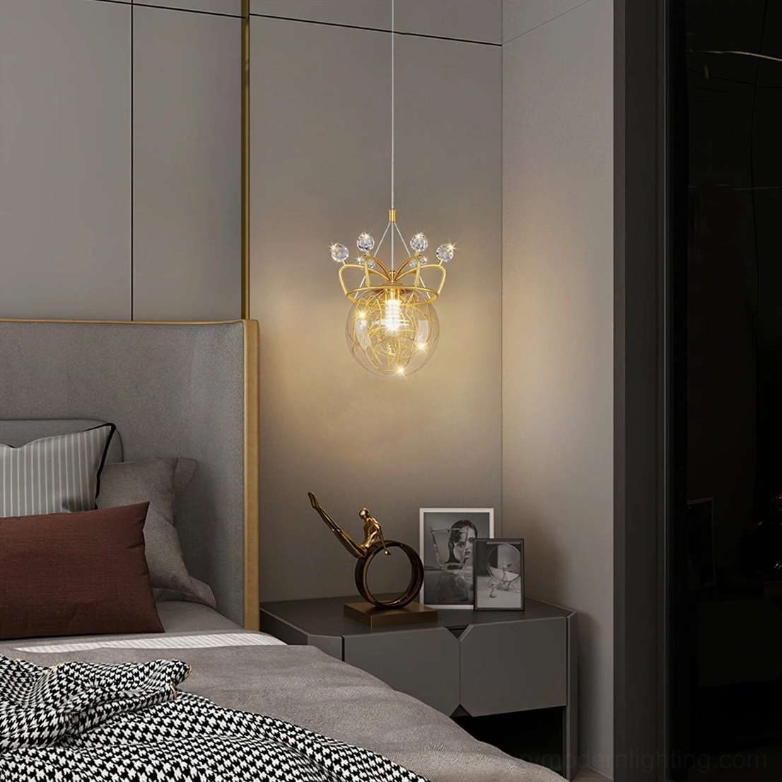 Gypsophila Crown pendant lamp in master bedroom with neutral tones and warm lighting ambiance