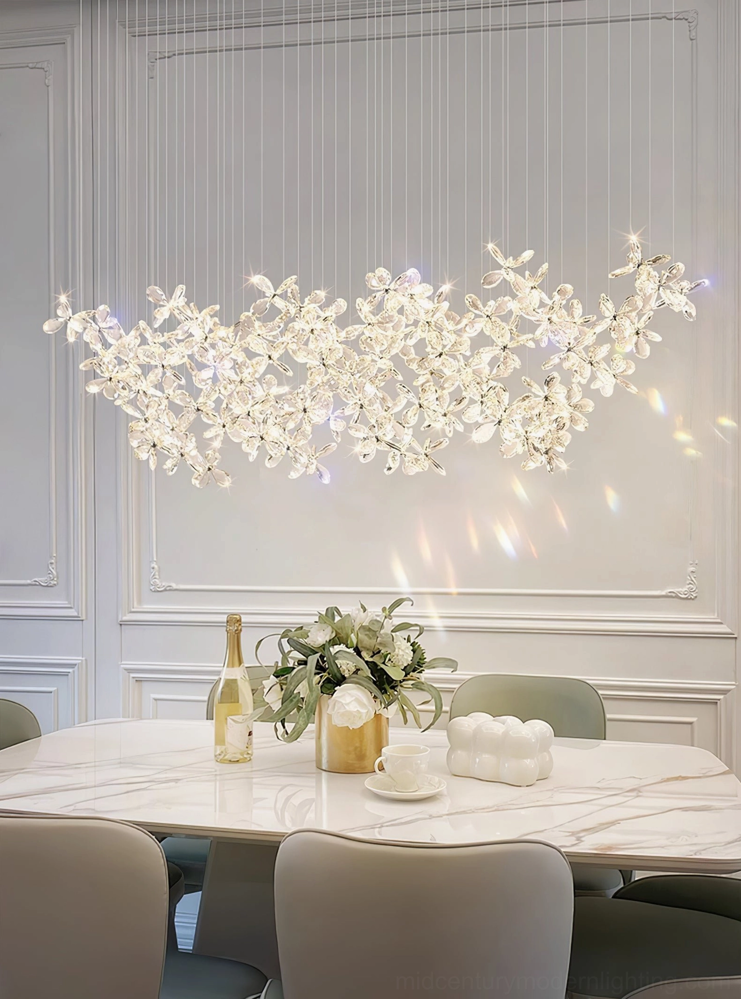 Crystal butterfly chandelier architectural lighting design, modern pendant with faceted crystal flowers, professional lighting installation view