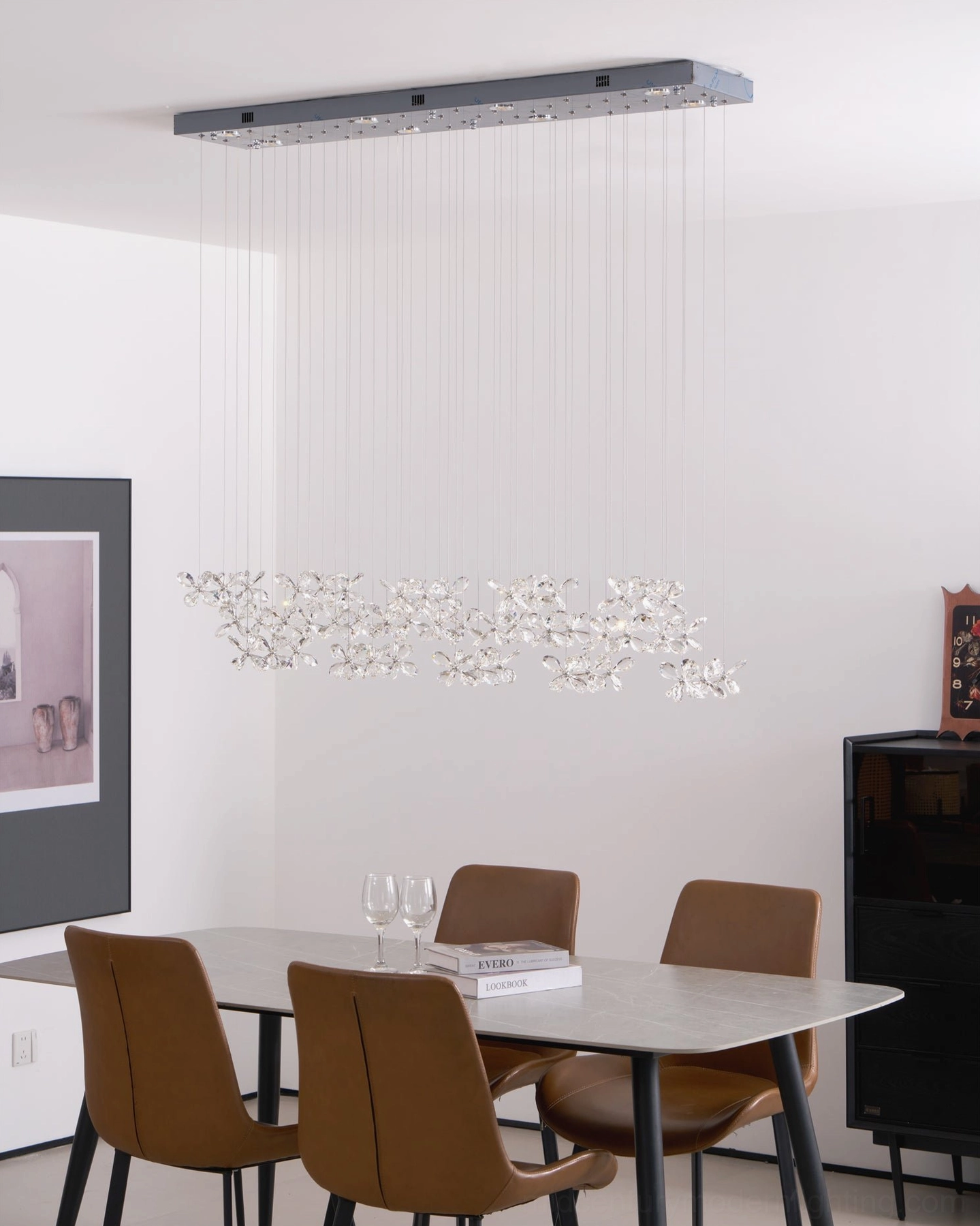 Crystal butterfly LED chandelier stainless steel canopy detail, silver metal ceiling mount hardware, professional-grade suspension system