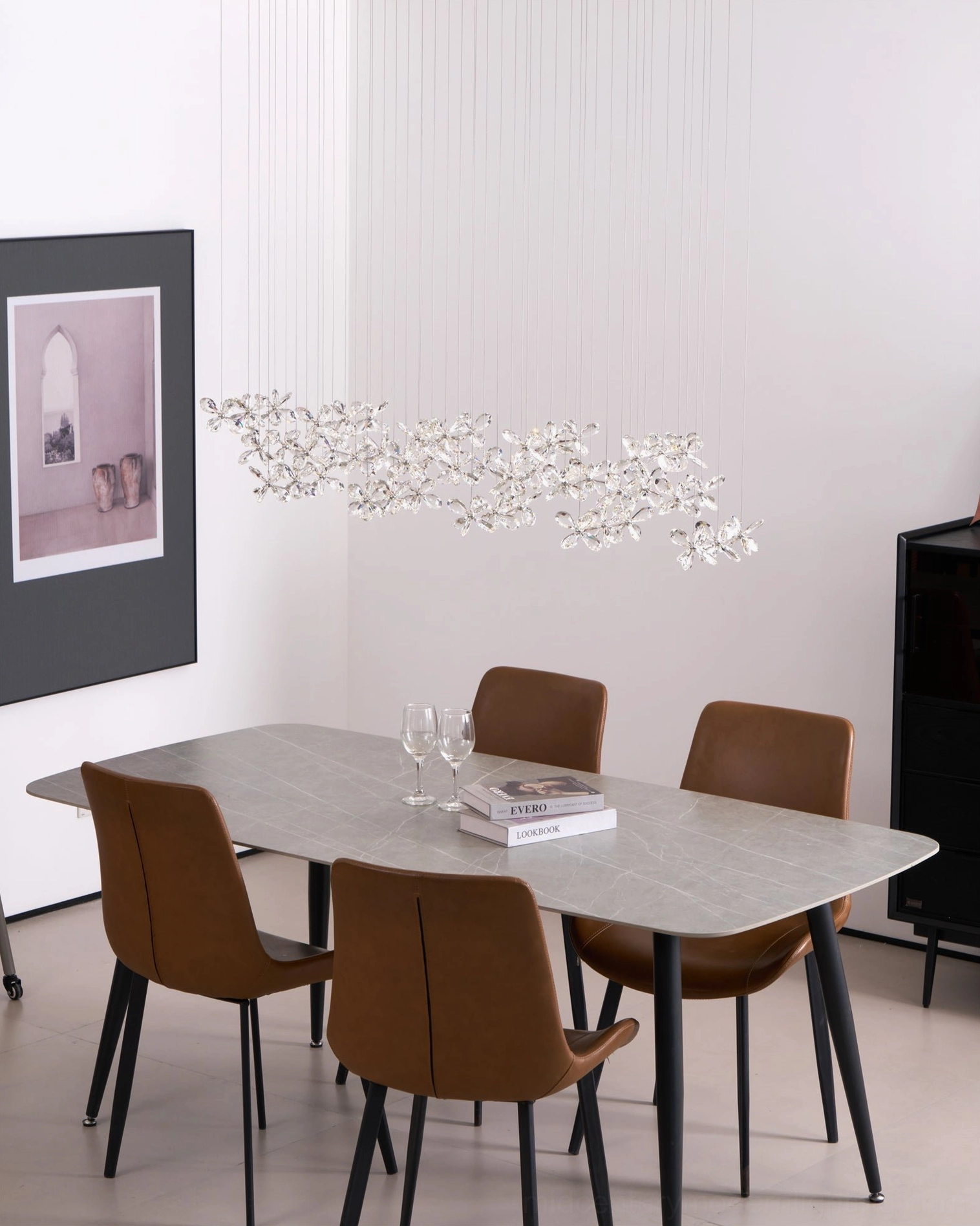 Crystal butterfly pendant chandelier complete lighting fixture overview, modern LED design with multiple crystal flower pendants, sculptural elegance
