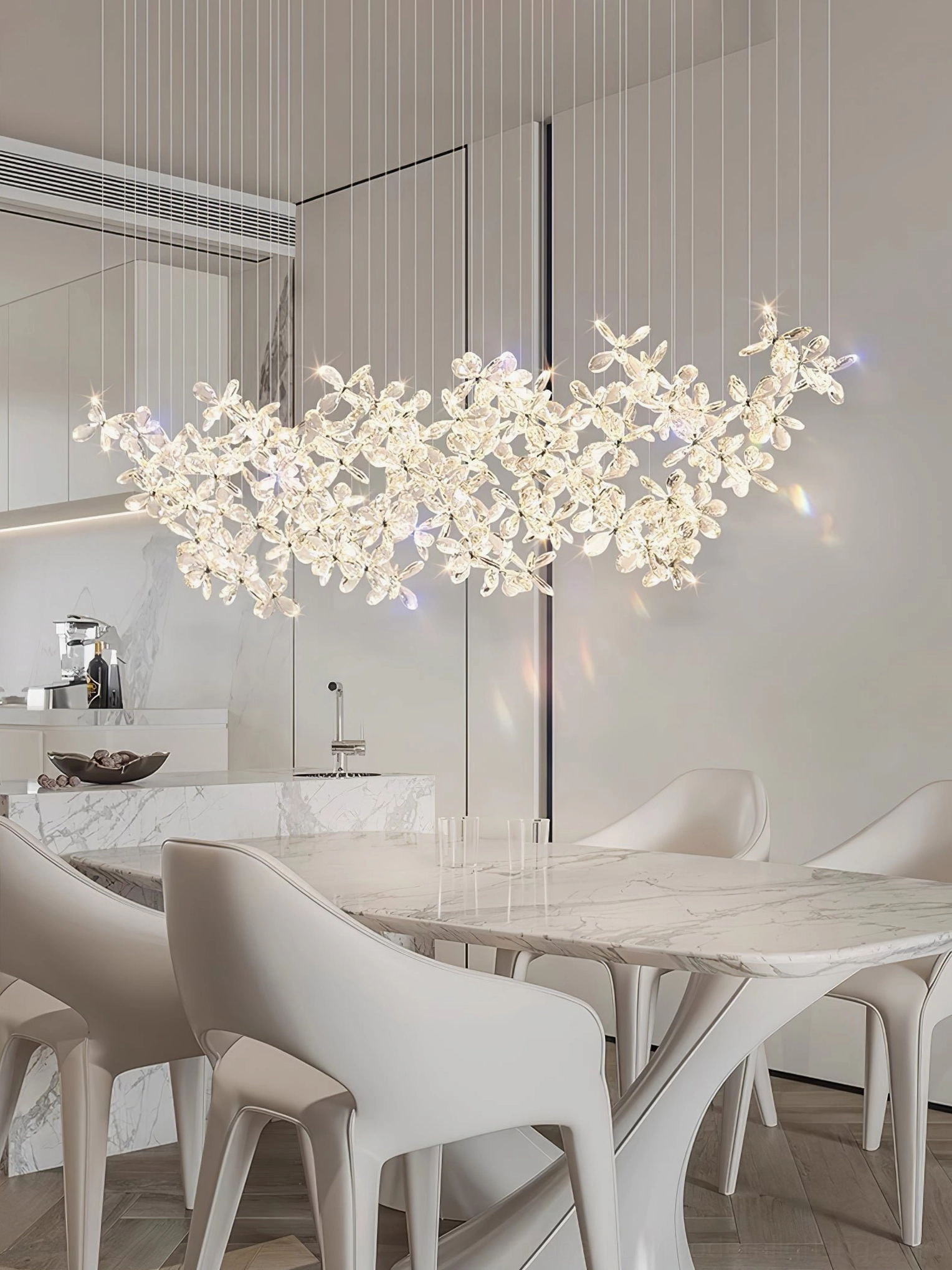 Crystal butterfly LED chandelier with adjustable crystal flower arrangement, modern sculptural pendant fixture, mid-century modern design inspiration