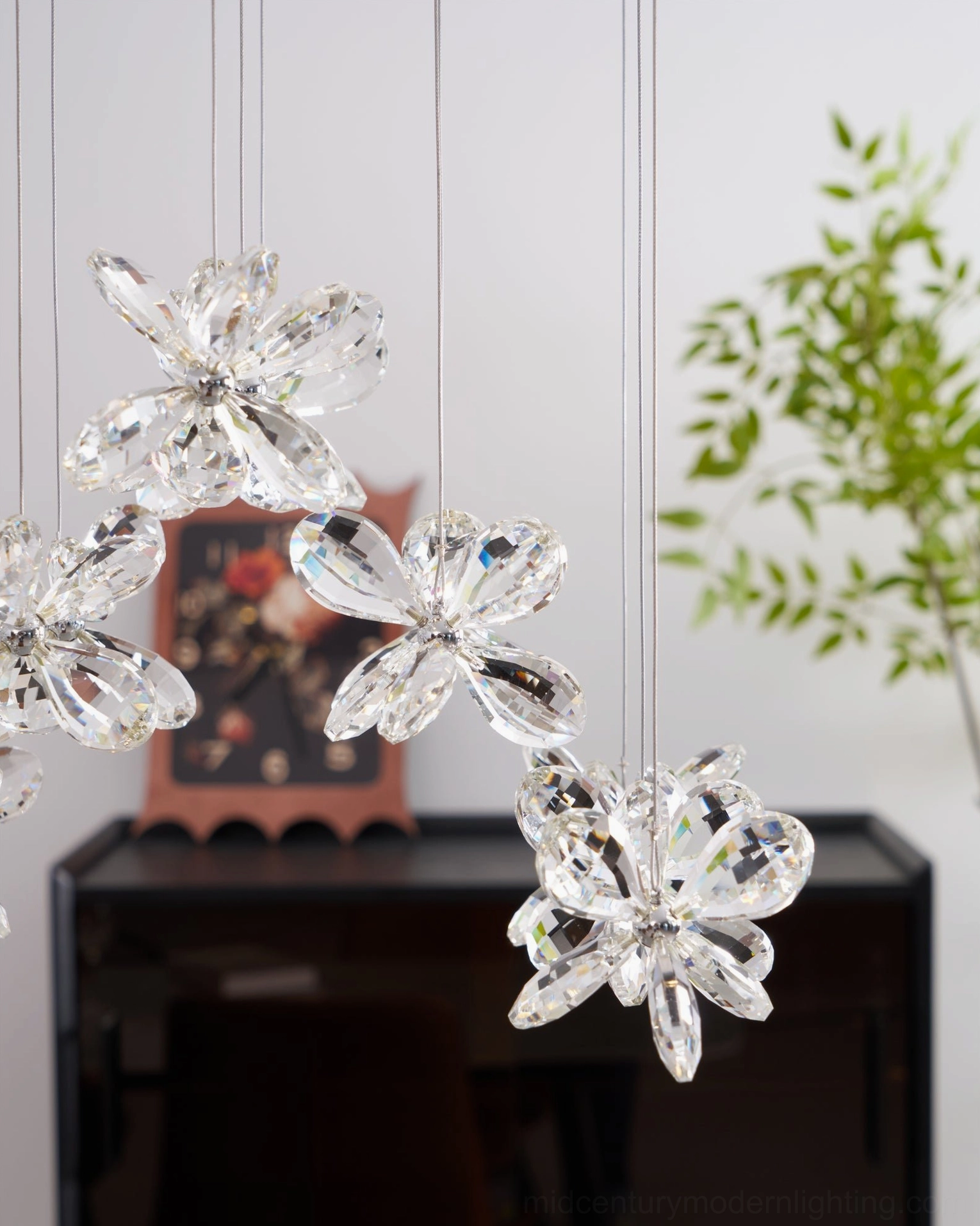 Crystal butterfly chandelier modern design composition, adjustable crystal flower pendants, contemporary LED lighting statement piece