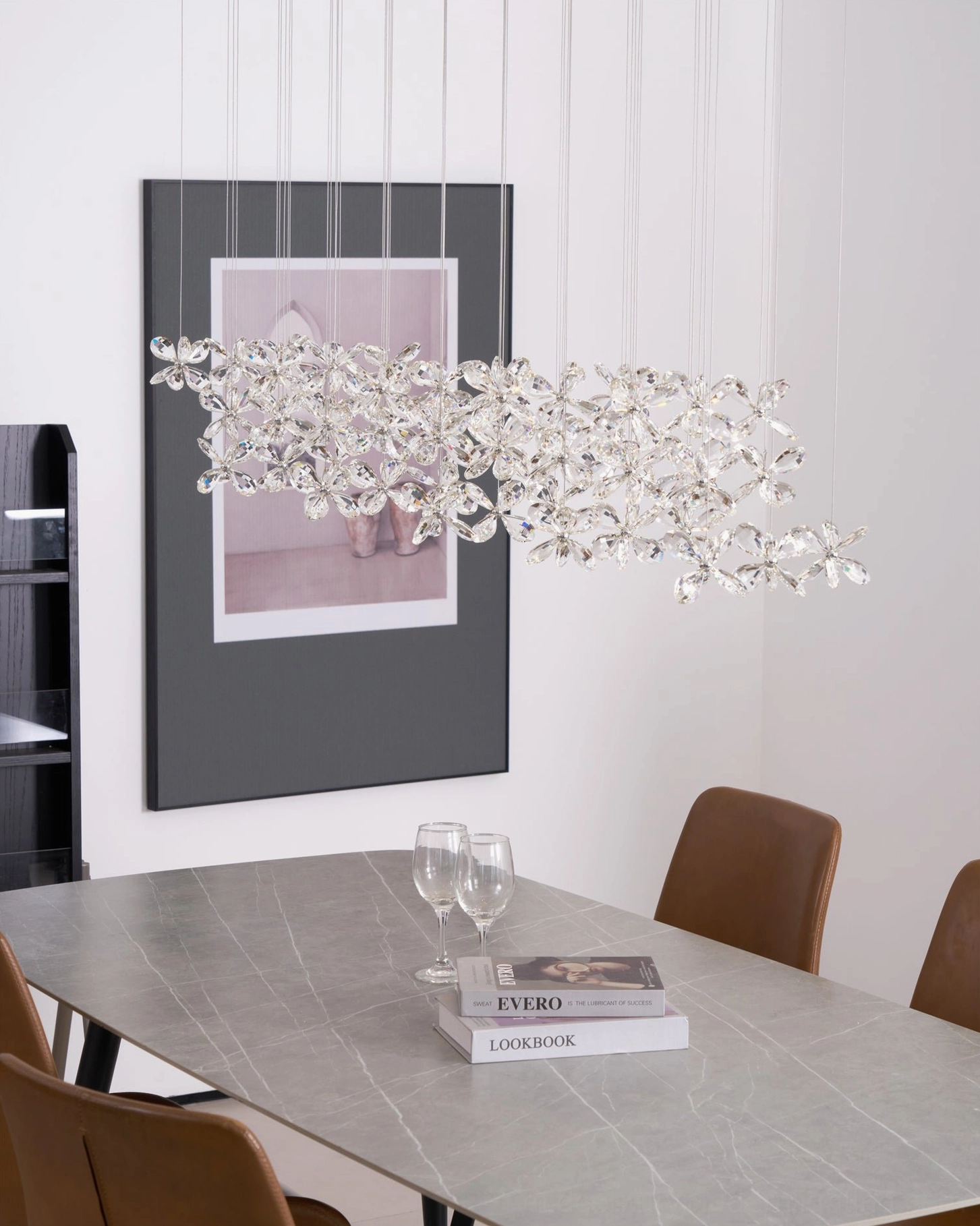 Crystal butterfly chandelier design detail, faceted clear crystal petals with metal centers, diamond-cut refraction pattern, LED integrated light source