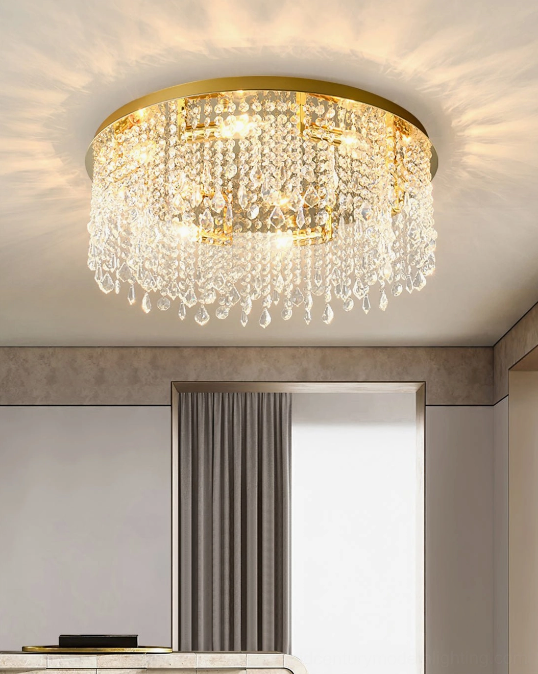 Titanium gold crystal ceiling lamp showcase displaying full crystal cascade under warm LED illumination