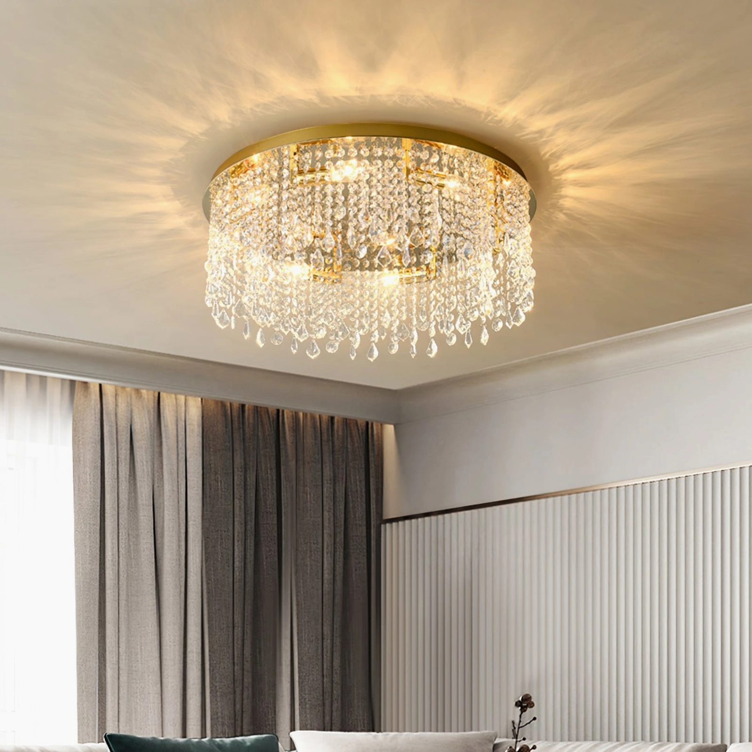 Installed crystal ceiling lamp in modern luxury bedroom creating elegant ambient lighting on white ceiling