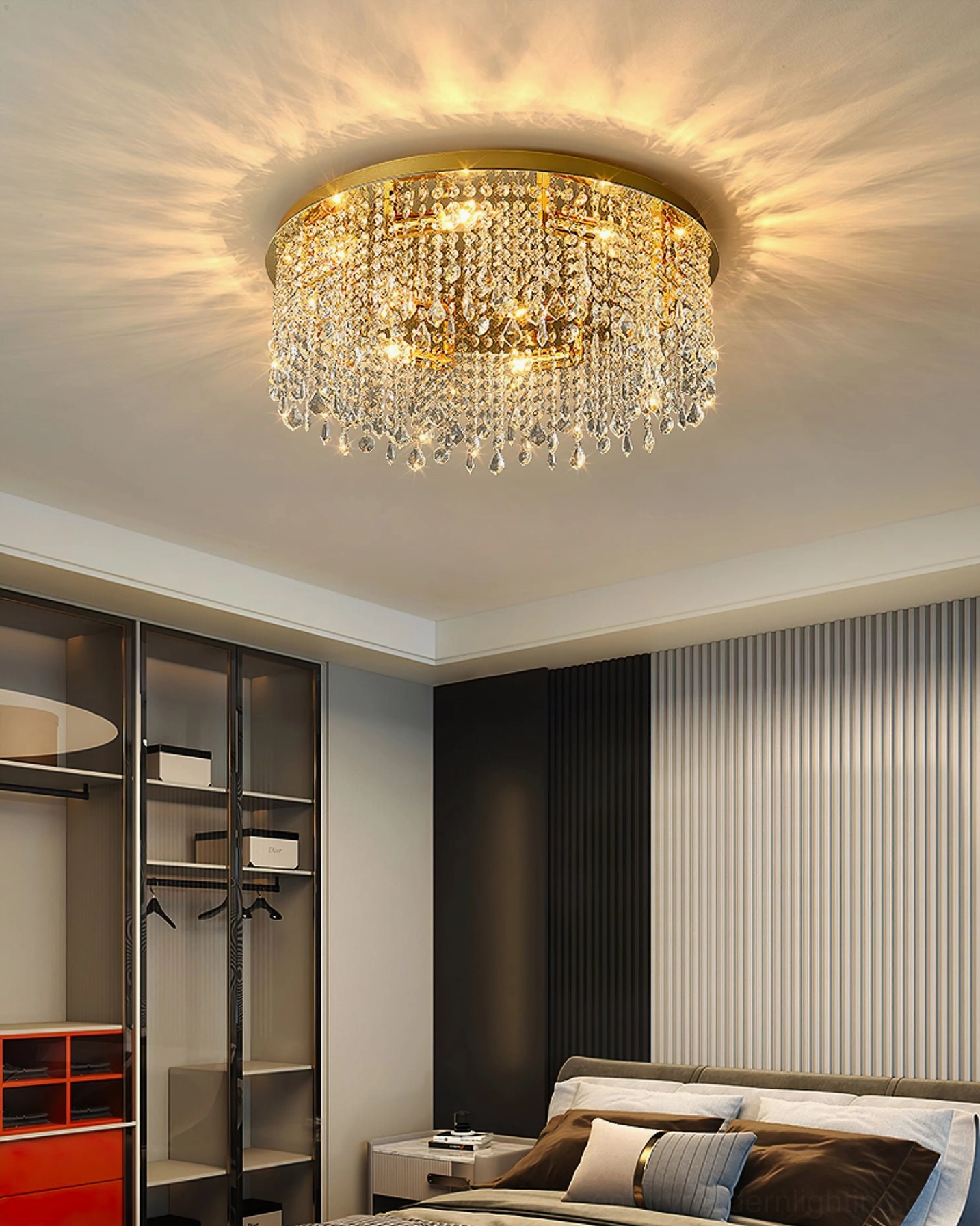 Installed crystal flush mount ceiling light in contemporary home showing warm glow and crystal light refraction