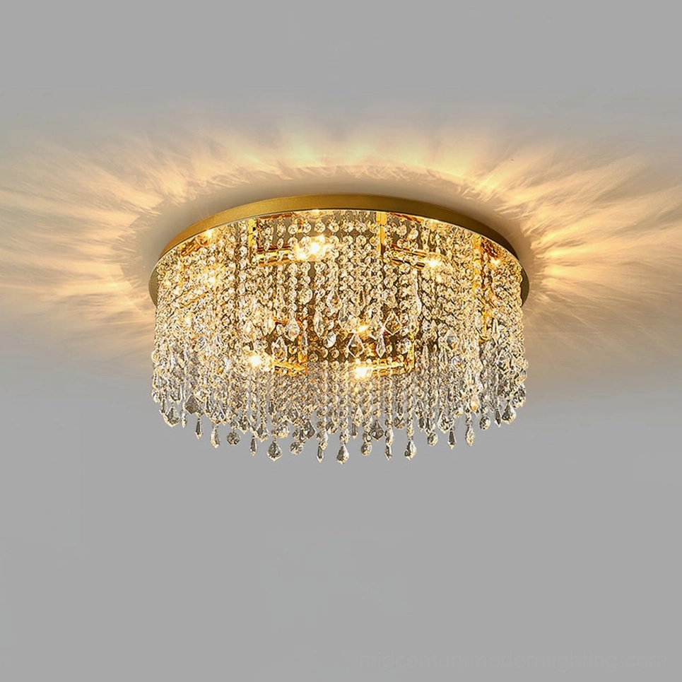 Elegant crystal ceiling chandelier installed on white ceiling with warm LED illumination creating ambient glow