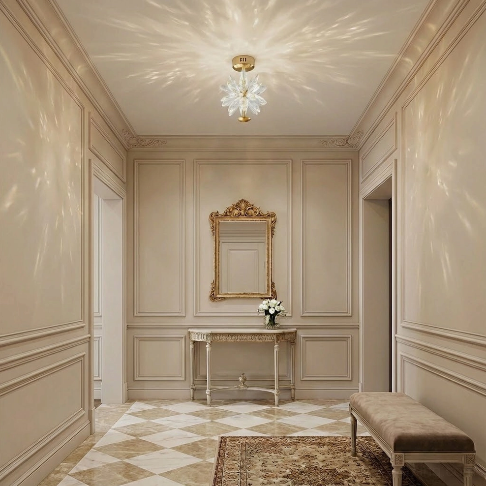 Crystal ceiling light fixture in formal foyer with neoclassical checkered tile floor and ornate console table