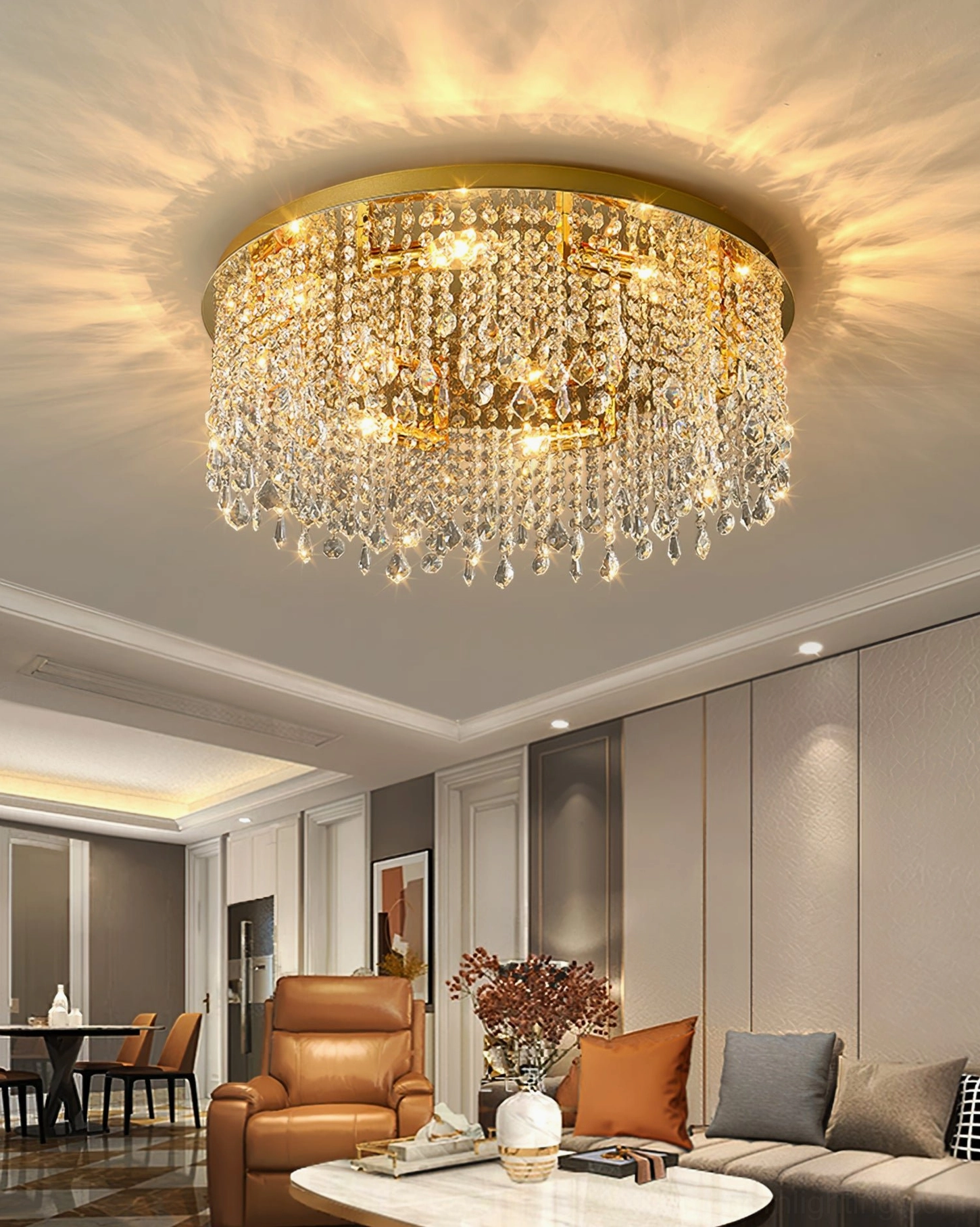 Studio lighting detail of crystal chandelier showing individual faceted crystal clarity and metal framework