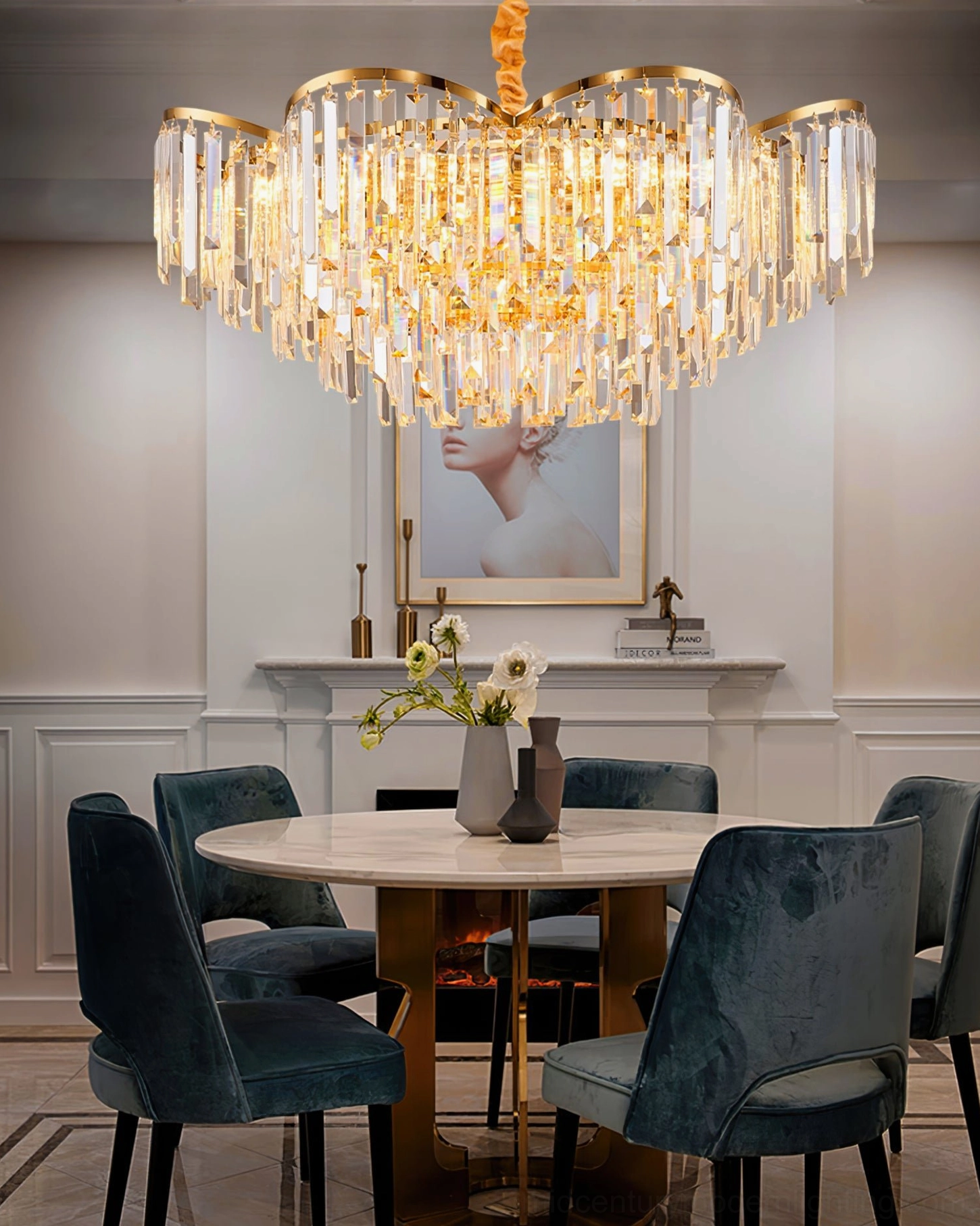 Round scalloped gold chandelier frame with sparkling hanging crystal pendants in formal dining room