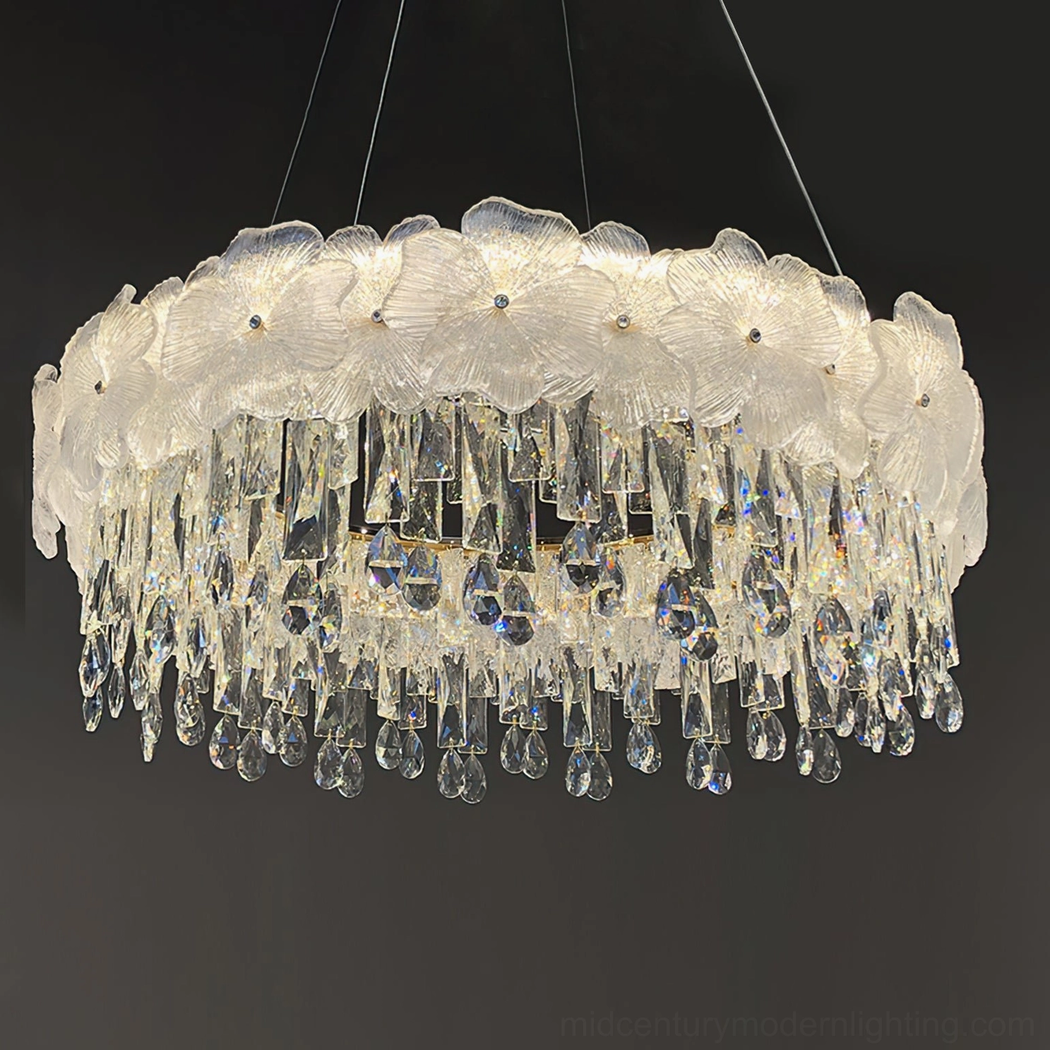 Crystal chandelier three-color changing LED technology warm cool neutral lighting ambiance control modern interior