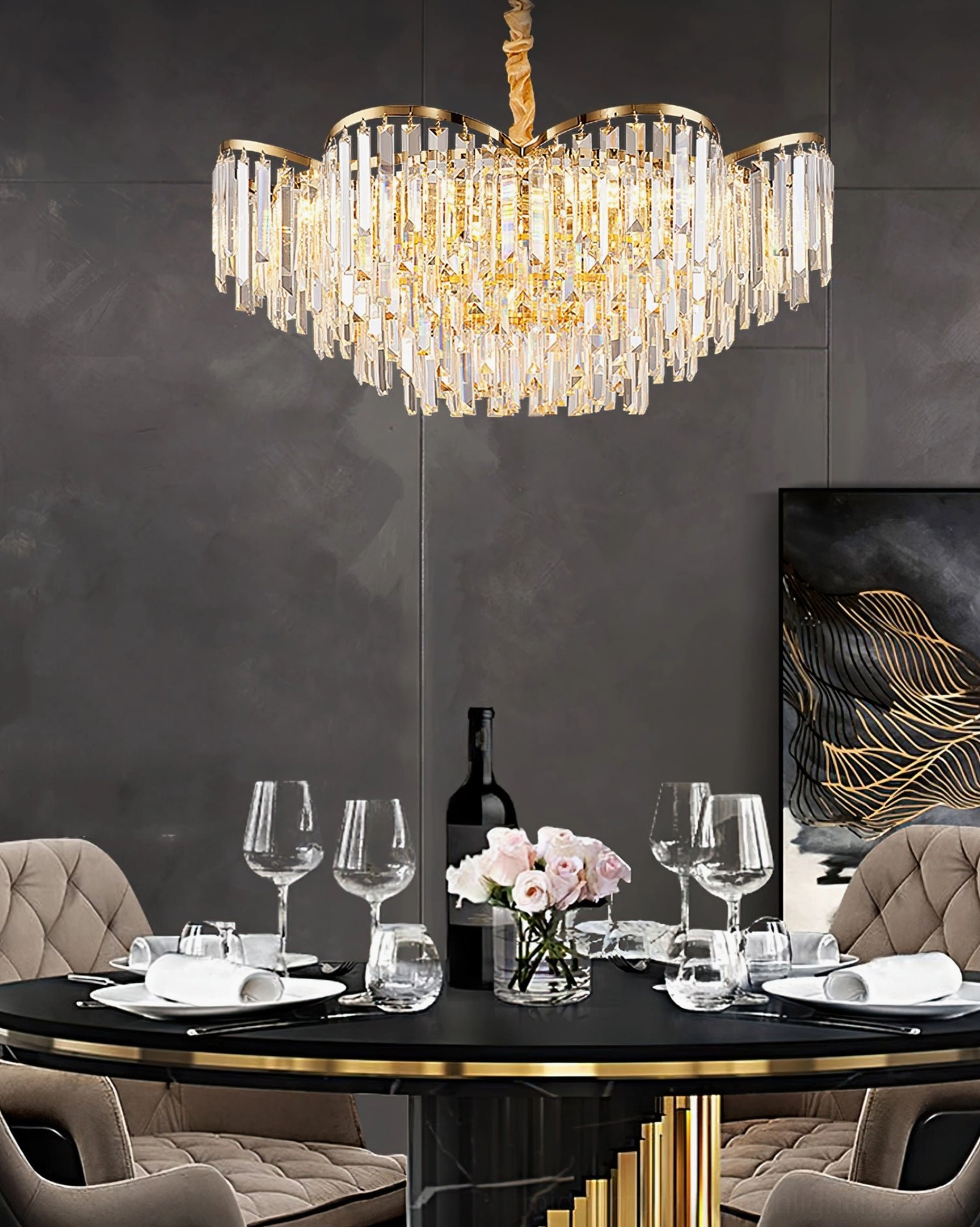 Crystal chandelier low angle view displaying full cascade of sparkling hanging prisms and elegant frame