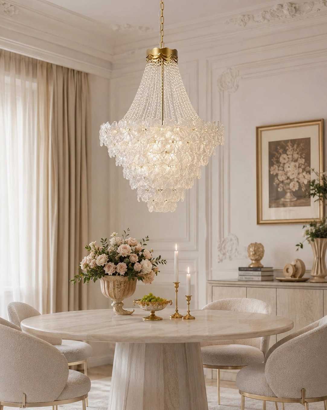 Crystal chandelier in minimalist French dining room with round marble table and warm ambient lighting