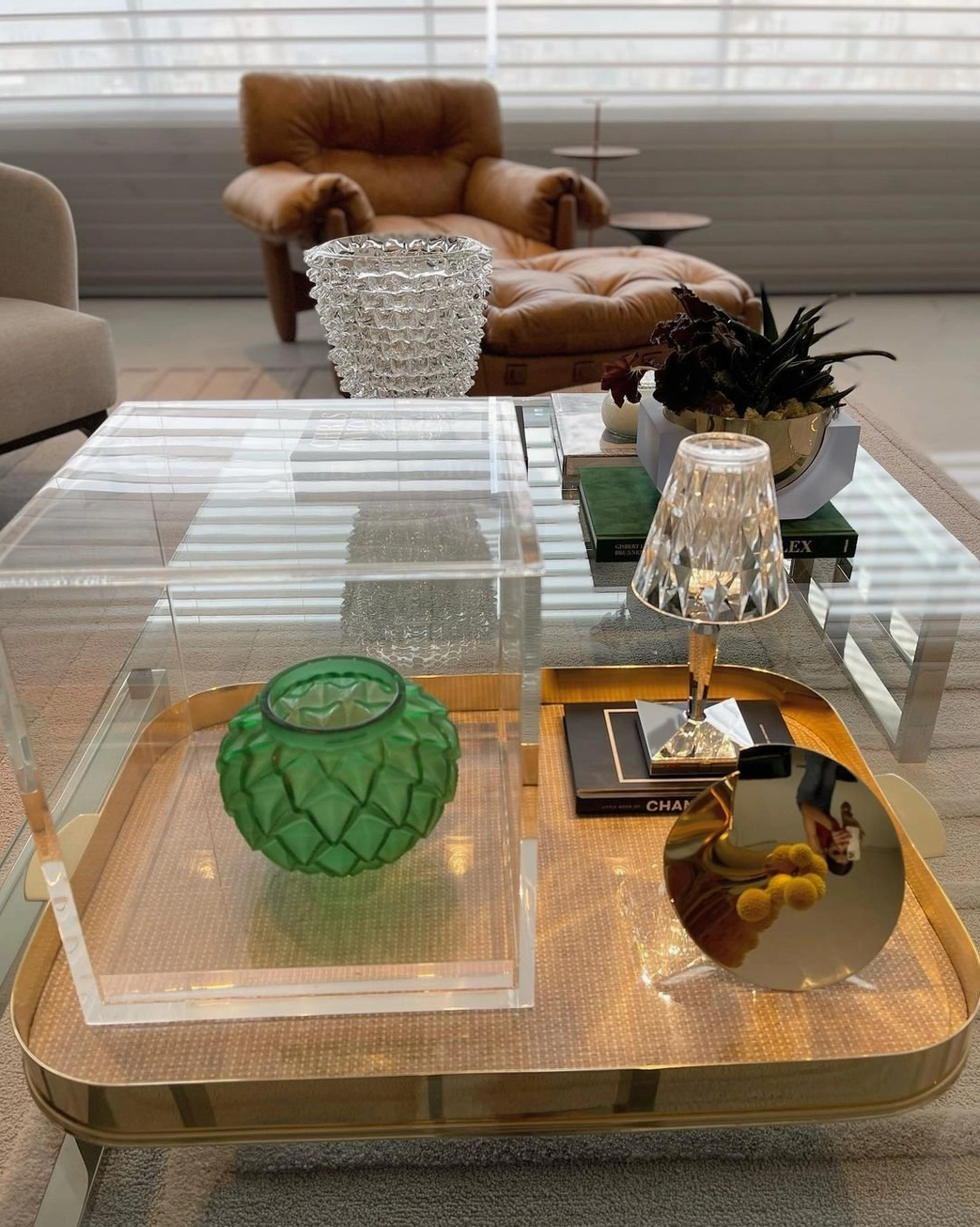 Crystal table lamp on coffee table in luxury home living room, RGB color-changing modes