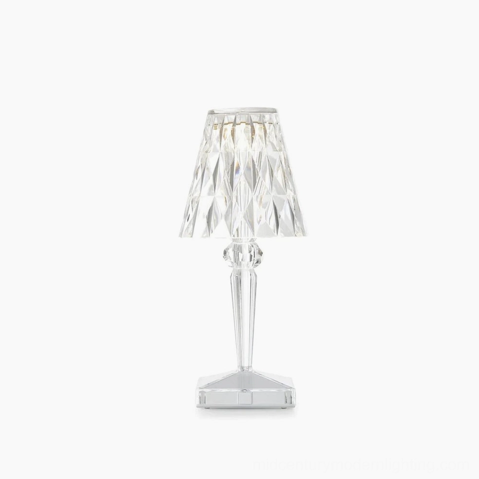 Crystal cordless table lamp with faceted acrylic design on white background, three-color RGB light modes