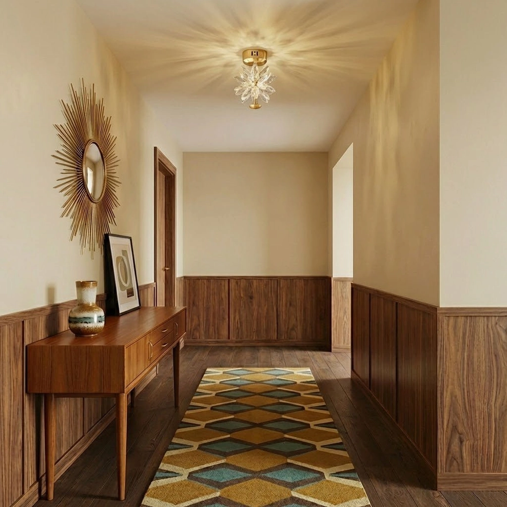 Crystal flower ceiling fixture installed in vintage wood-paneled entryway, showing decorative integration with luxury home decor