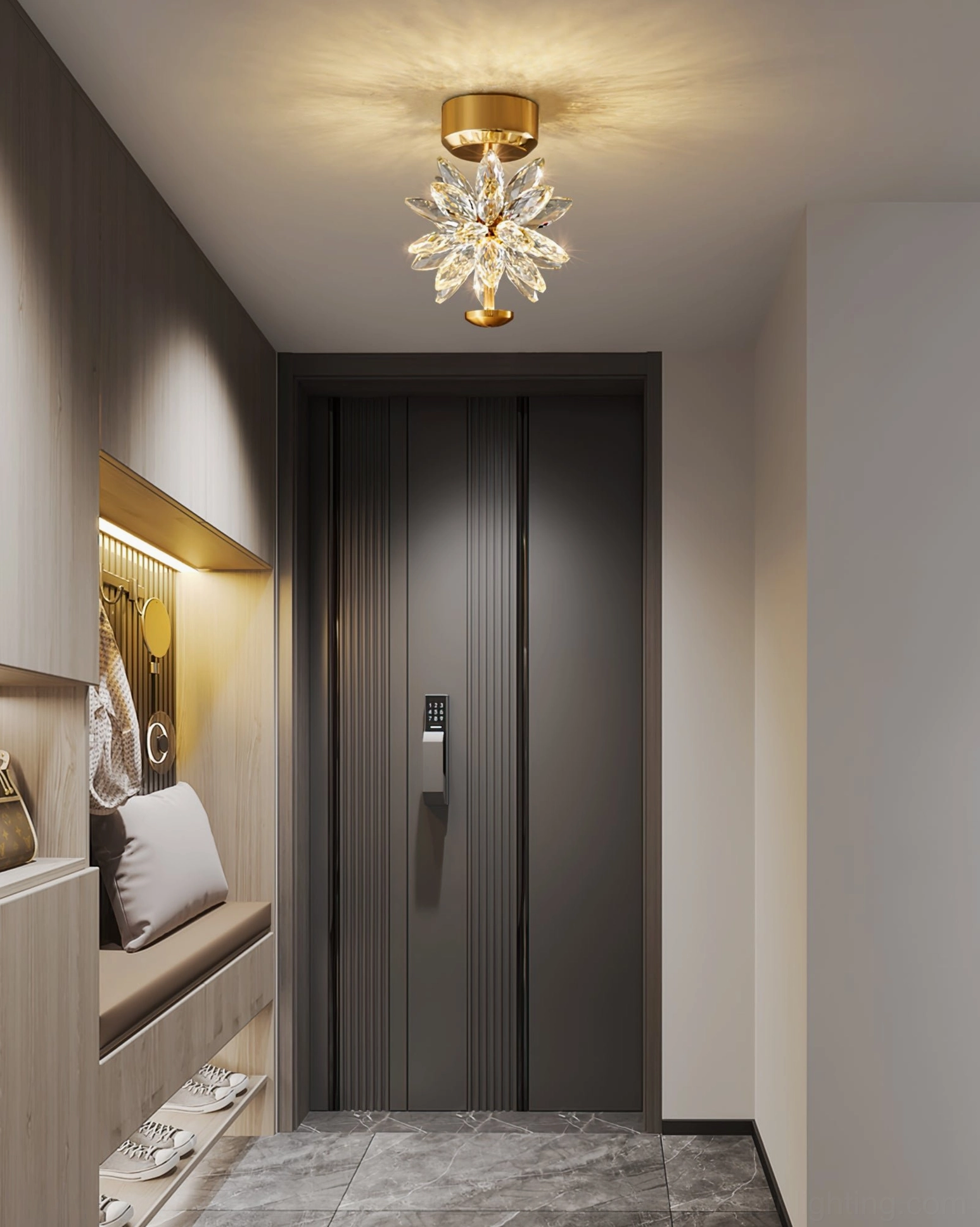 Crystal flower ceiling light fixture product showcase with gold brass construction and crystal elements