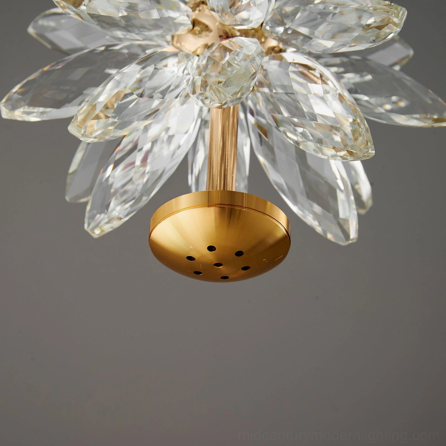 Crystal flower ceiling light fixture with warm light glow through transparent petals modern flush mount